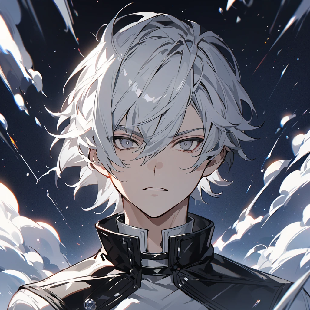 High quality, HD, 4k, no shadows, handsome male, 1male, 17 years old, teenager, short white hair, silver hair, white hair, sharp eyes, grey colored eyes, deep grey eyes, grey eyes, devil may cry, close up, calm expression, stoic expression, black leather clothes, white leather clothing, lean body, well trained body, upper body, looking at viewer, cowboy shot, white solar, space background