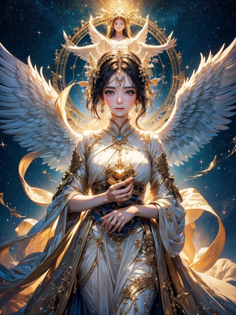 An angelic woman is in the middle, looking straight ahead. The background is an image of love with a starry sky、one woman