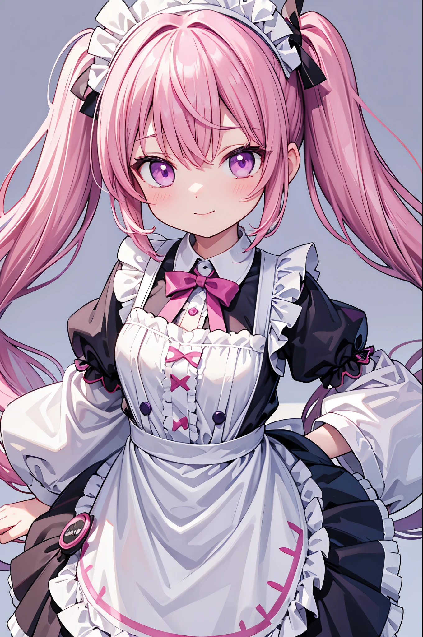 high resolution,smile,woman,woman1人,adult,cute, Twin tails, Pink Hair,BREAK,
Purple eyes,BREAK,Maid clothes,BREAK,Facing forward,BREAK,Light blue background,