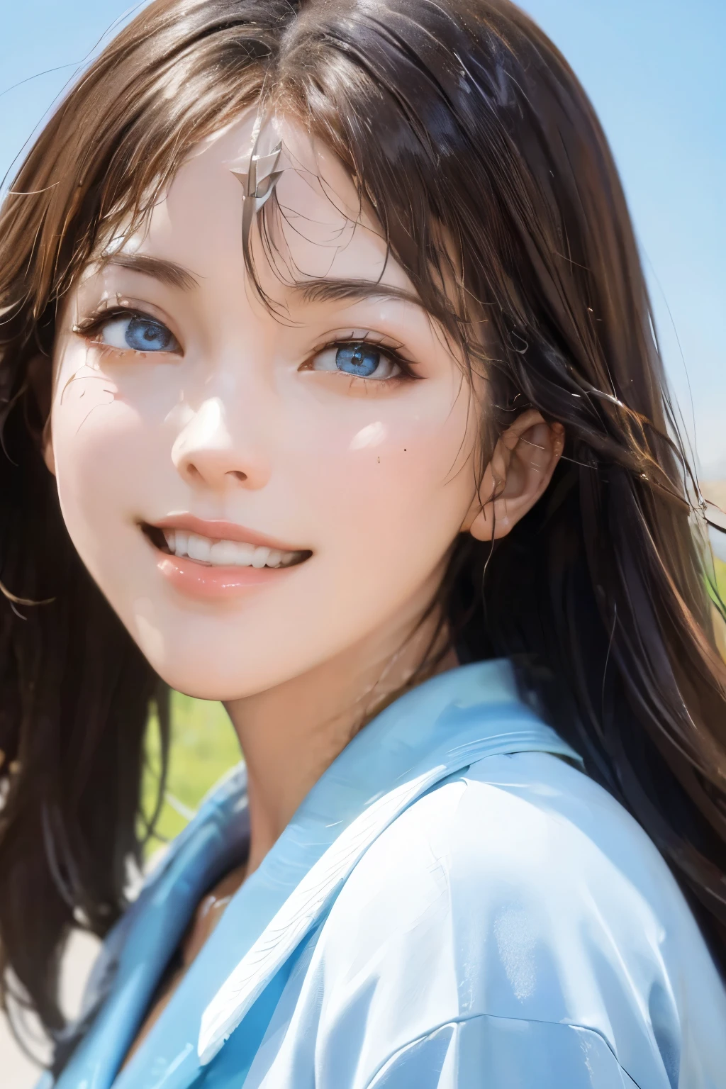 Her face looks like a heroine、secretary、high quality、surrealism、healthy、smiling face、slim perfect figure、japanese beauty、beautiful eyes、your face is perfect、beautiful skin、portlate、plain background
