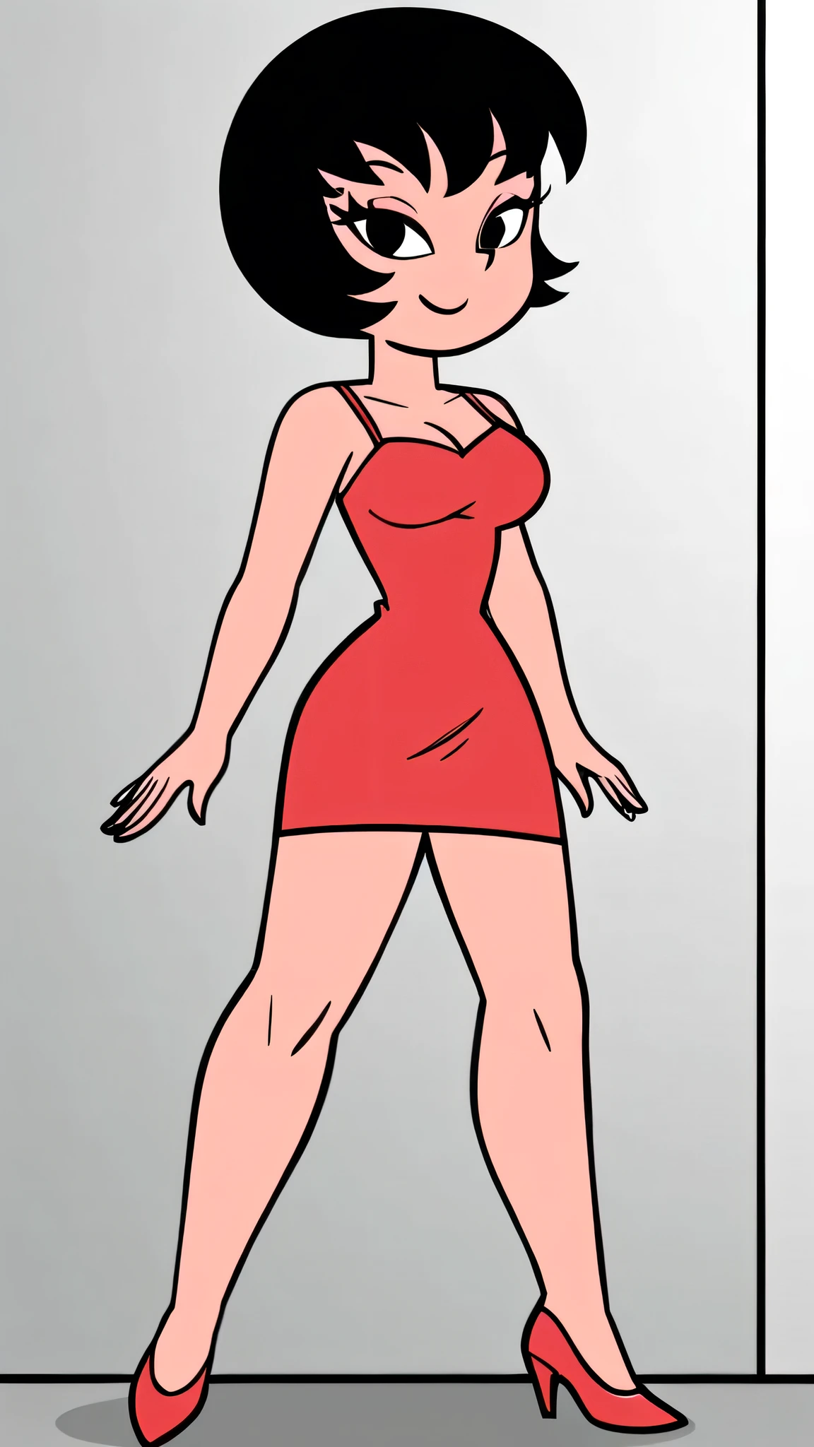 Jucika, digital media, black eyes, black hair, short hair, flat color, flat graphic style, white skin, zPDXL, best quality, amazing quality, score 9, 1girl, looking at viewers, bare shoulders, red dress, taut dress, spaghetti strap red dress, sleeveless, medium breast, standing in her bedroom, 1 girl, solo, close up portrait, seductive smile, red high heels, full body