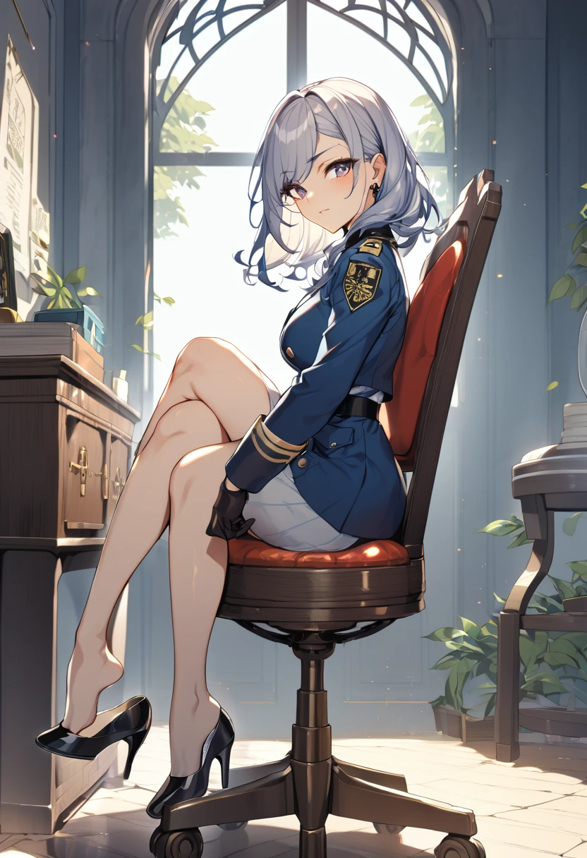 1girl, high heels shoe dangle, cross legged on a chair, officer lady, looking at viewer, sitting, from side