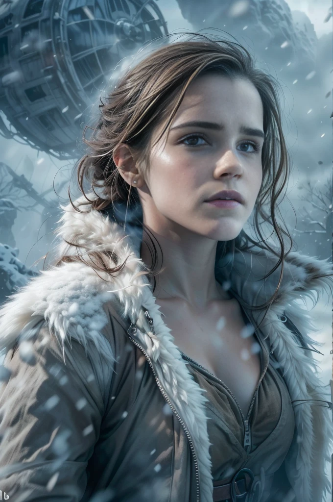 (Emma watson, detailed, 8k, photorealistic, cinematic lighting, dramatic lighting, half body shot), (apocalyptic,snowy winter landscape), (beautiful young woman, 23 years old, gorgeous european features,cleavage,long wavy brown hair,intense gaze,elegant pose), (giant futuristic spacecraft,high-tech shuttle,cold icy environment),