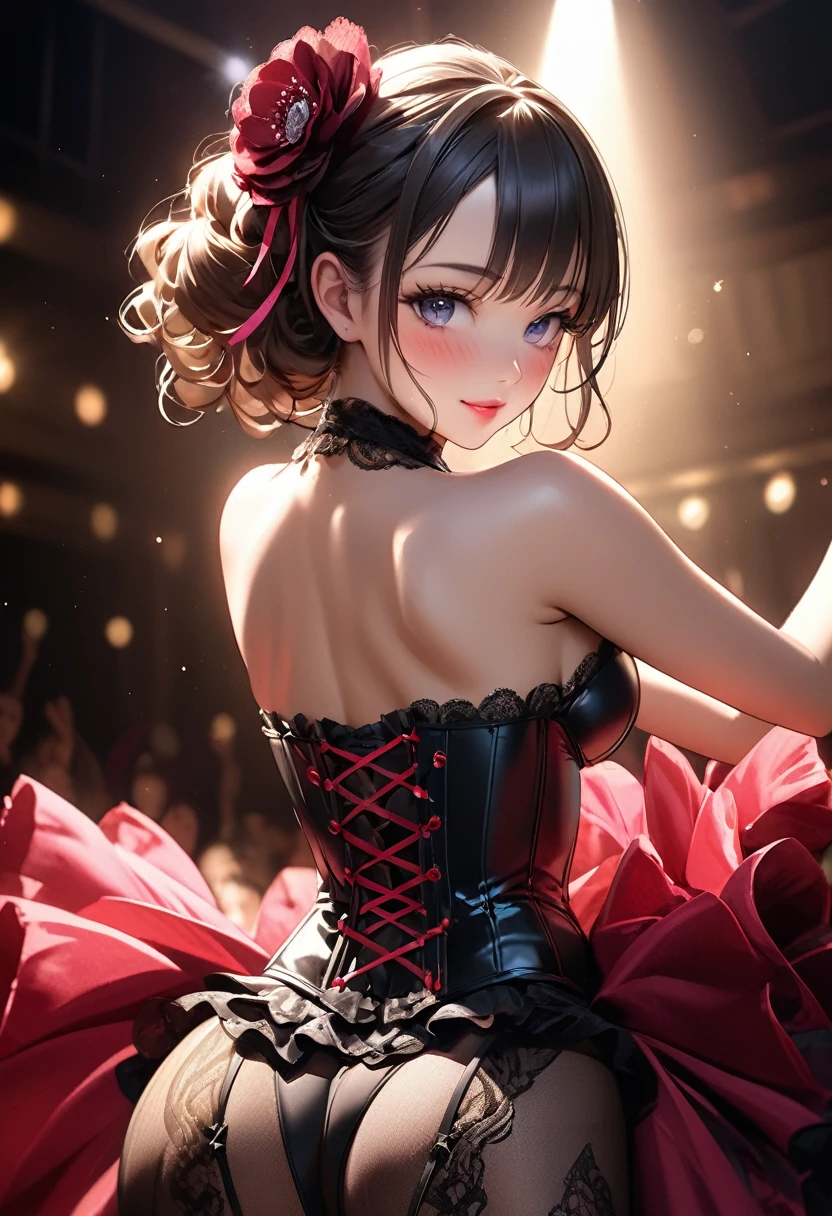 burlesque dance scene, wearing intricate corset with frills dress, lace stockings, beautiful cute burlesque dancer, (highest quality,32k,highres,masterpiece:1.2),ultra-detailed,(hyper-realistic,photo-realistic:1.37),captivating dance moves, graceful poses, sensual expressions, dramatic lighting, cinematic camera angles, rich colors, chiaroscuro lighting, glamorous stage, seductive atmosphere, mesmerizing performance, blushed cheek, beautiful cute face and eyes, beautiful delicate longeyelash, so cute sensual face, face focus:1.4, view back