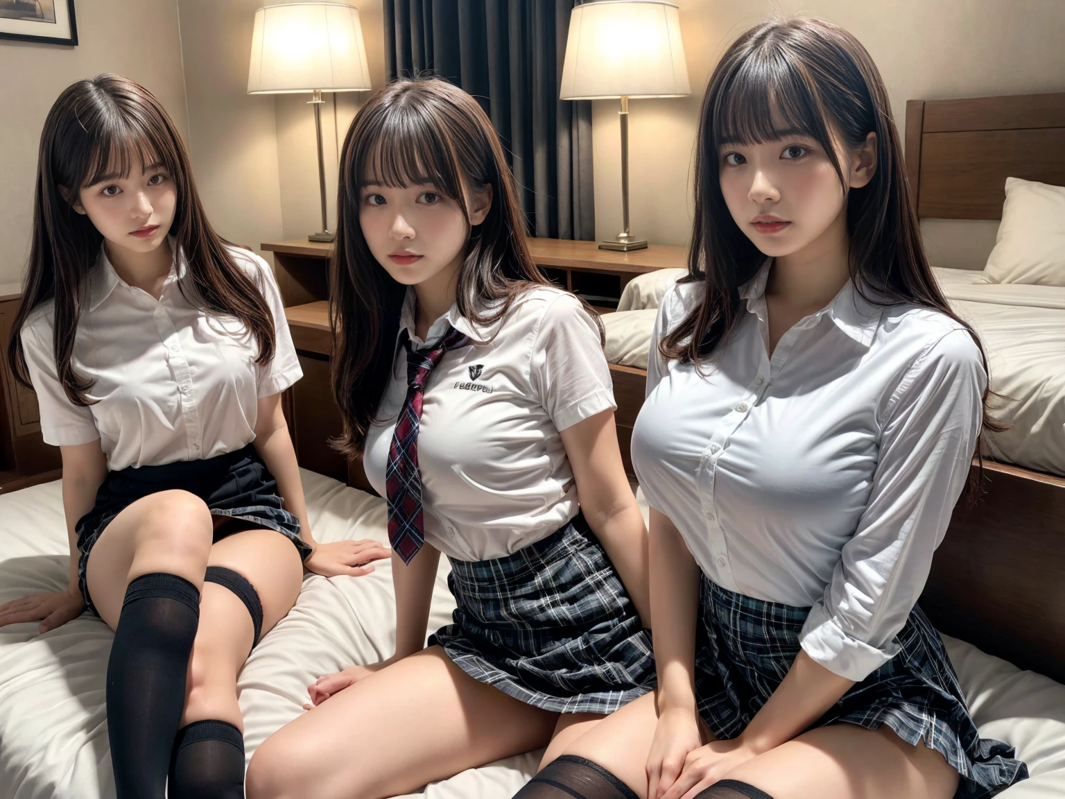 masterpiece, best quality, illustration, Super detailed, fine details, High resolution, 8K,wall paper, perfect dynamic composition,(Details High quality, realistic depiction of eyes:1.3), (3 girls), (white school shirt :1.2), (plaid skirt :1.3), tie black, black thigh-high stockings, sitting, open legs, short bob hair, in a hotel room in the background, deep on field, large , black hair color, Big Natural Color Lip, (perfect body shape), crying a little、Harajuku style、20 year old girl、cute type、beautiful legs, Gravure Idol