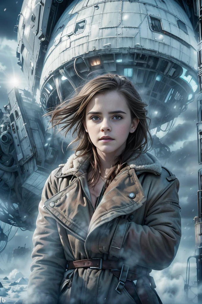 (Emma watson, detailed, 8k, photorealistic, cinematic lighting, dramatic lighting, portrait), (apocalyptic,snowy winter landscape), (beautiful young woman, 23 years old, gorgeous european features,cleavage, short messy brown hair,intense gaze,elegant pose), (giant futuristic spacecraft,high-tech shuttle,cold icy environment),