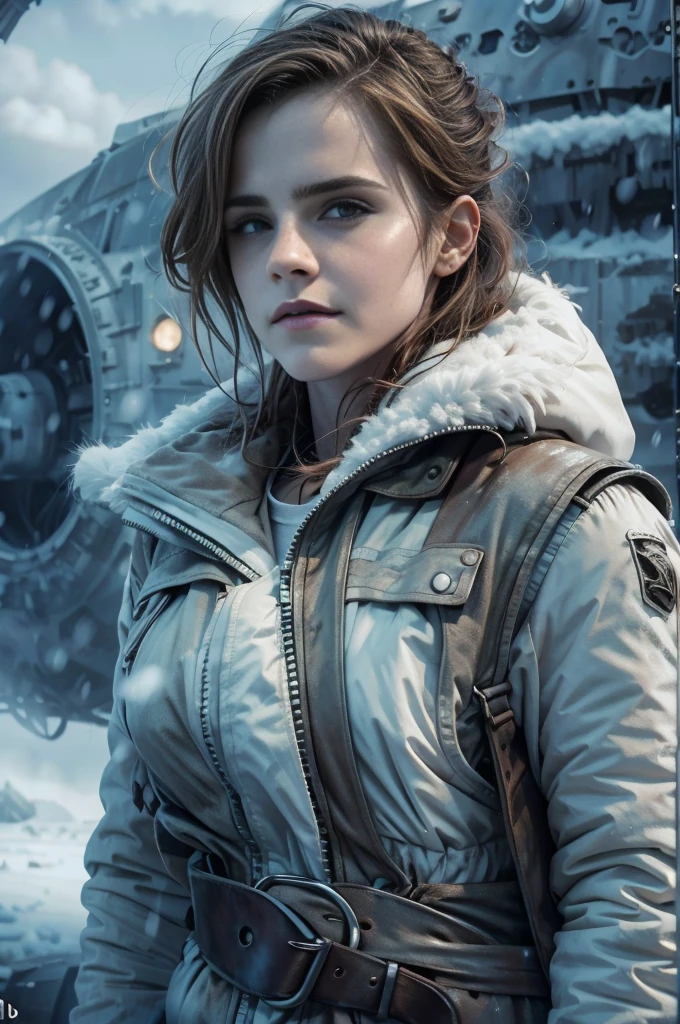 (Emma watson, detailed, 8k, photorealistic, cinematic lighting, dramatic lighting, portrait), (apocalyptic,snowy winter landscape), (beautiful young woman, 23 years old, gorgeous european features,cleavage, short messy brown hair,intense gaze,elegant pose), (giant futuristic spacecraft,high-tech shuttle,cold icy environment),