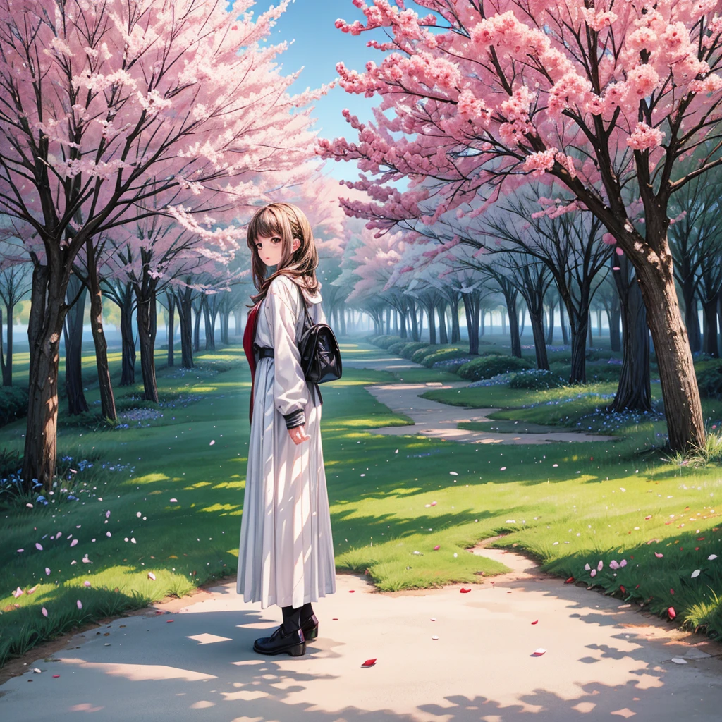Best Quality, high res, Illustration, anime background image only, a big tree on a plain field, divided into four seasons in one picture, many flowers in Spring, green grasses ie Summer, red leaves in Fall, snowy field in Winter