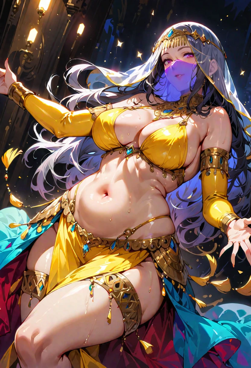 Mature beautiful woman,(Highest quality,Extremely detailed depiction,Incredibly absurd high resolution,Anatomically accurate depiction,Curvy Legs),(Glowing Skin,Shiny skin,Oilskin),Sexy belly dancer,Gorgeous belly dance costumes,((A face veil that covers the lower half of the face:1.3)),Golden Accessories,A seductive smile,There is cleavage in the chest,Glossy lipstick,Sweat,Dancing belly dancing,background:Night Bar