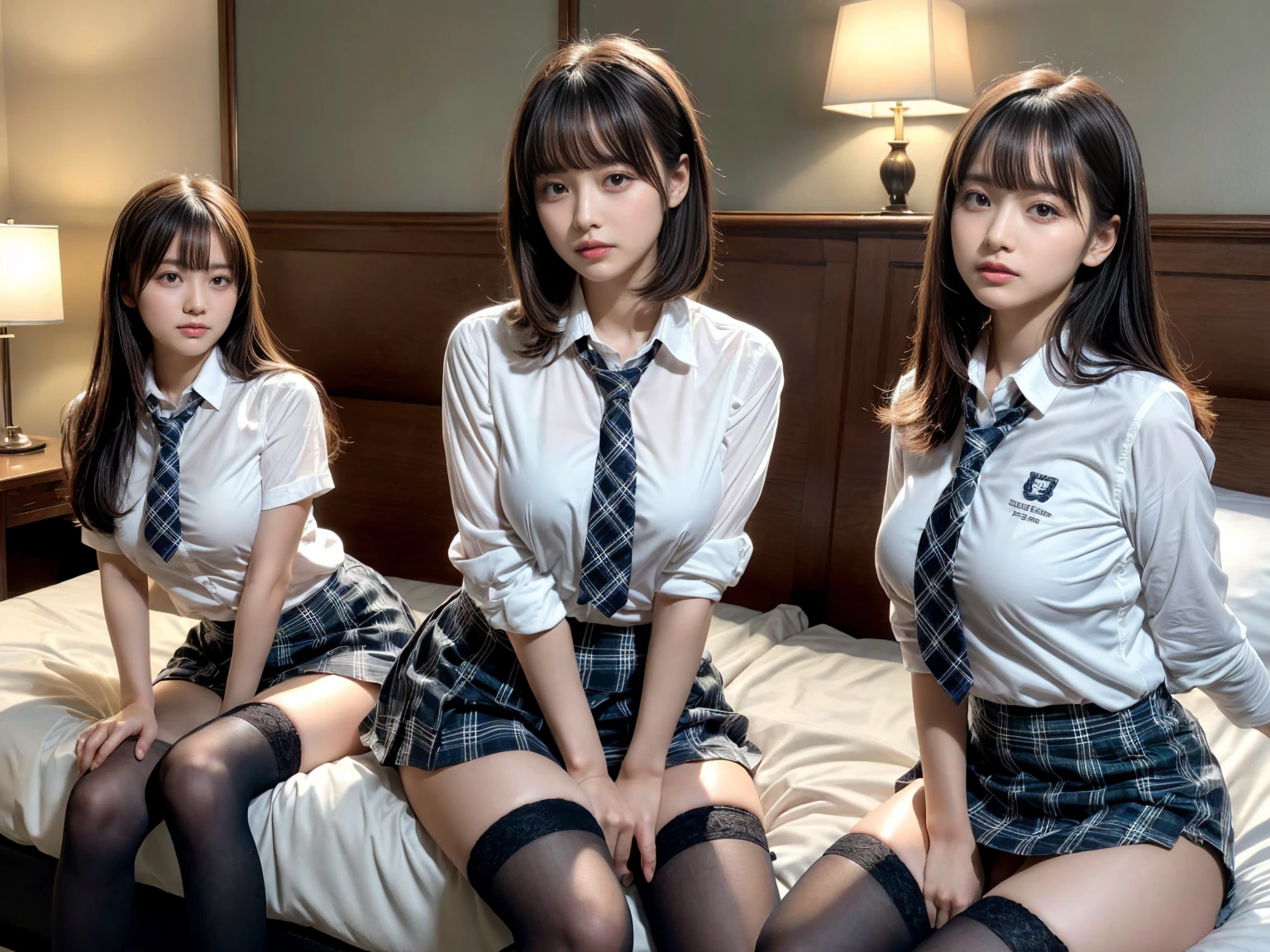 masterpiece, best quality, illustration, Super detailed, fine details, High resolution, 8K,wall paper, perfect dynamic composition,(Details High quality, realistic depiction of eyes:1.3), (3 girls), (white school shirt :1.2), (plaid skirt :1.3), tie black, black thigh-high stockings, sitting, open legs, short bob hair, in a hotel room in the background, deep on field, large breasts, black hair color, Big Natural Color Lip, (perfect body shape), crying a little、Harajuku style、20 year old girl、cute type、beautiful legs, Gravure Idol