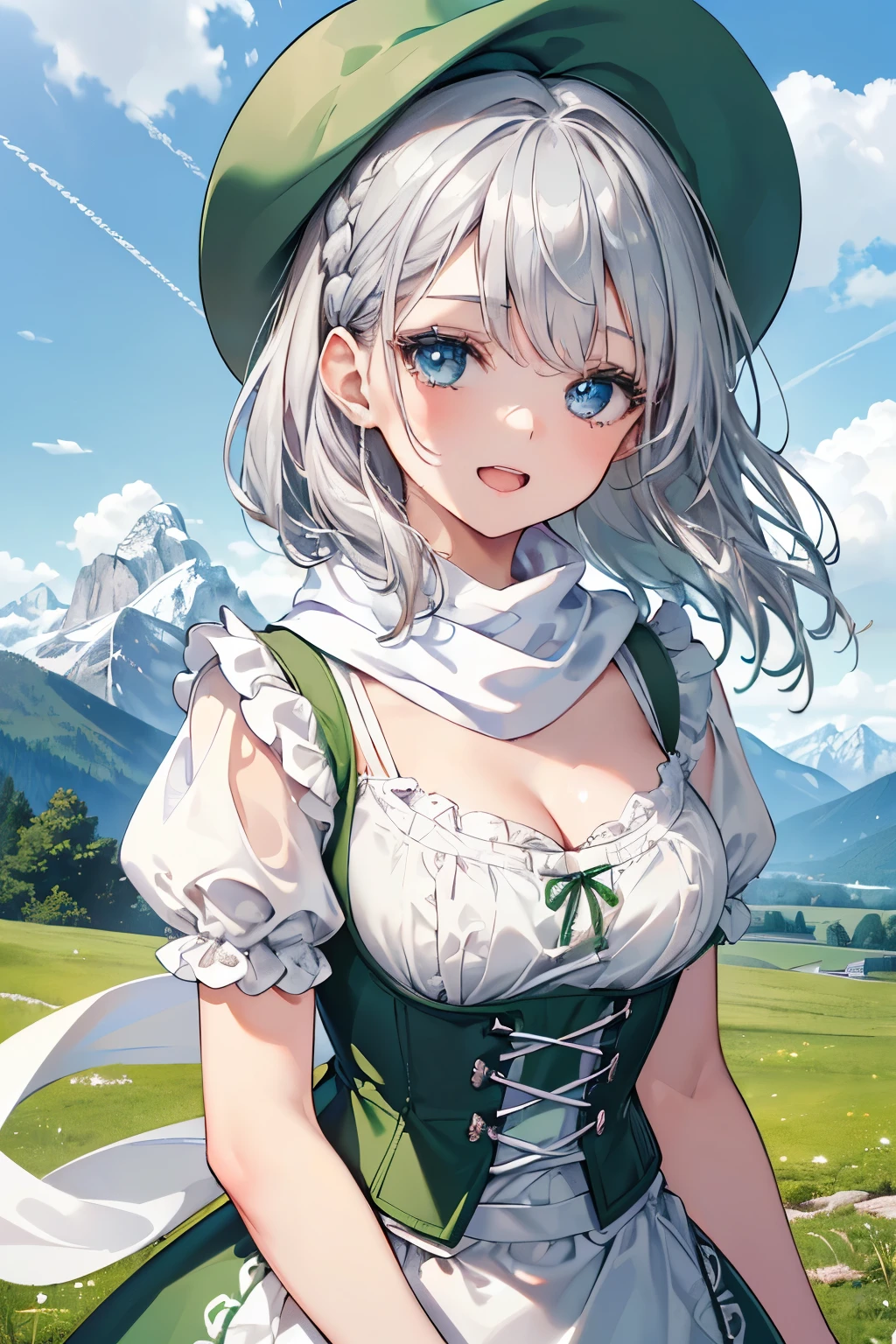 (Best quality,4K,8K,High resolution,Masterpiece:1.2),Super detailed,(Actual, Realistic),
break,
((Beautiful clear blue eyes:1.2)),very kind eyes,eyes wide open,beautiful eyelashes,beautiful lower eyelashes,
break,
((Beautiful and shiny silver hair:1.3)),A dazzling smile, a bursting smile, an open mouth laugh,
break,
BREAK (fusion of dirndl and short sleeve white high neck blouse:1.4), ((deep-green Pinafore, deep green corset):1.3),(deep green oktoberfest hat:1.3),((put a white scarf on one's shoulders:1.3)),
break,
very happily,((bust shot)),zoom in,((Alps in the background:1.3))