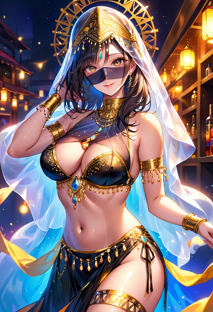 Mature beautiful woman,(Highest quality,Extremely detailed depiction,Incredibly absurd high resolution,Anatomically accurate depiction,Curvy Legs),(Glowing Skin,Shiny skin,Oilskin),Sexy belly dancer,Gorgeous belly dance costumes,((A face veil that covers the lower half of the face:1.3)),Golden Accessories,A seductive smile,There is cleavage in the chest,Glossy lipstick,Sweat,Dancing belly dancing,background:Night Bar