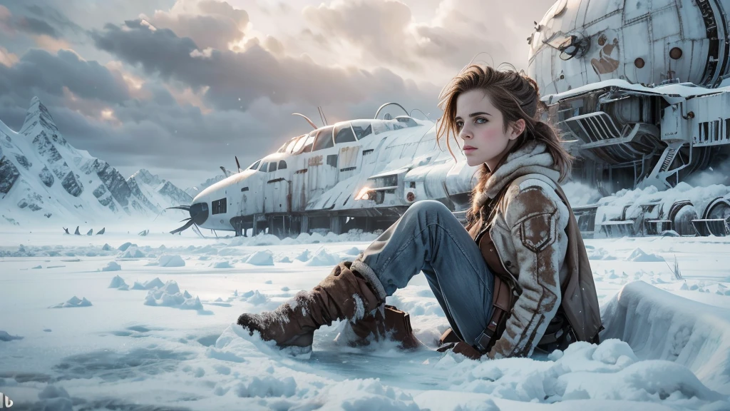 (Emma watson, detailed, 8k, photorealistic, cinematic lighting, dramatic lighting, portrait), (apocalyptic,snowy winter landscape), (beautiful young woman, 23 years old, gorgeous european features,cleavage,long wavy brown hair,intense gaze,elegant pose), (giant futuristic spacecraft,high-tech shuttle,cold icy environment),