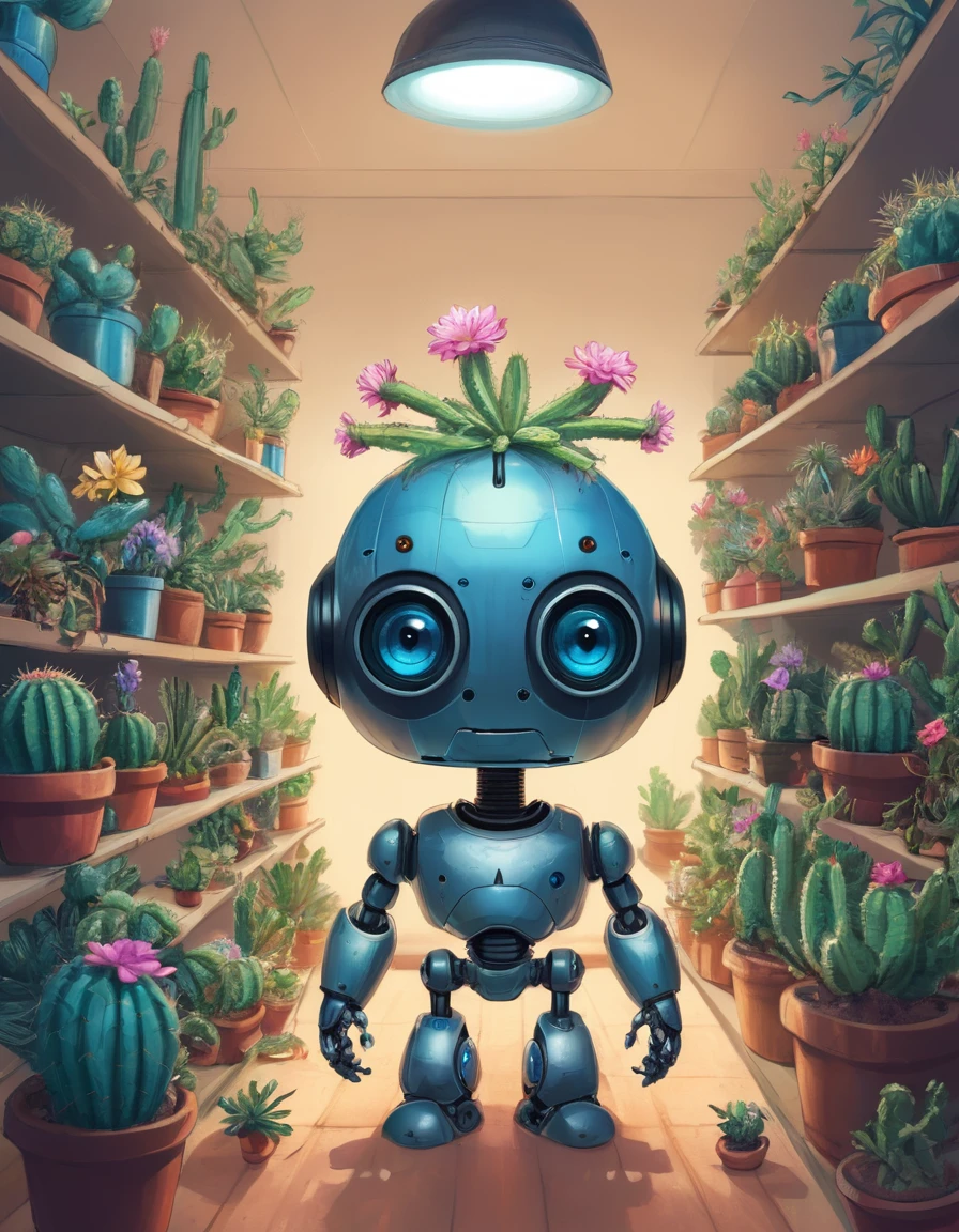 a robot looks mean, he has blue eyes, inside his head there is a pretty little flowering cactus under a bell, he takes care of several hemp plants, carefully, behind him there are shelves with other plants