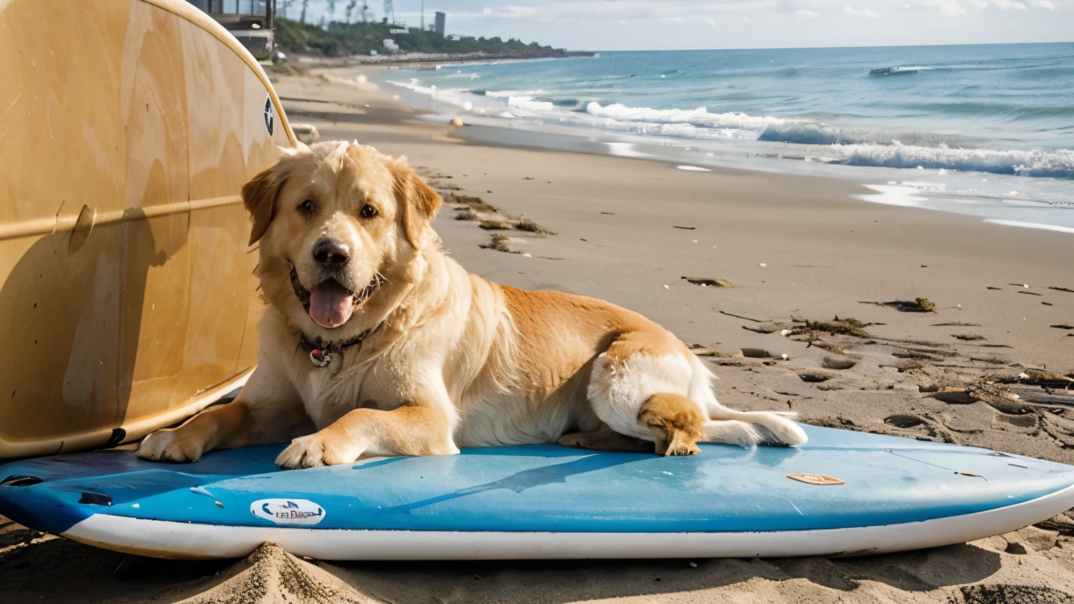 An aging dog golden retriever sitting beside a surfboard on the beach.