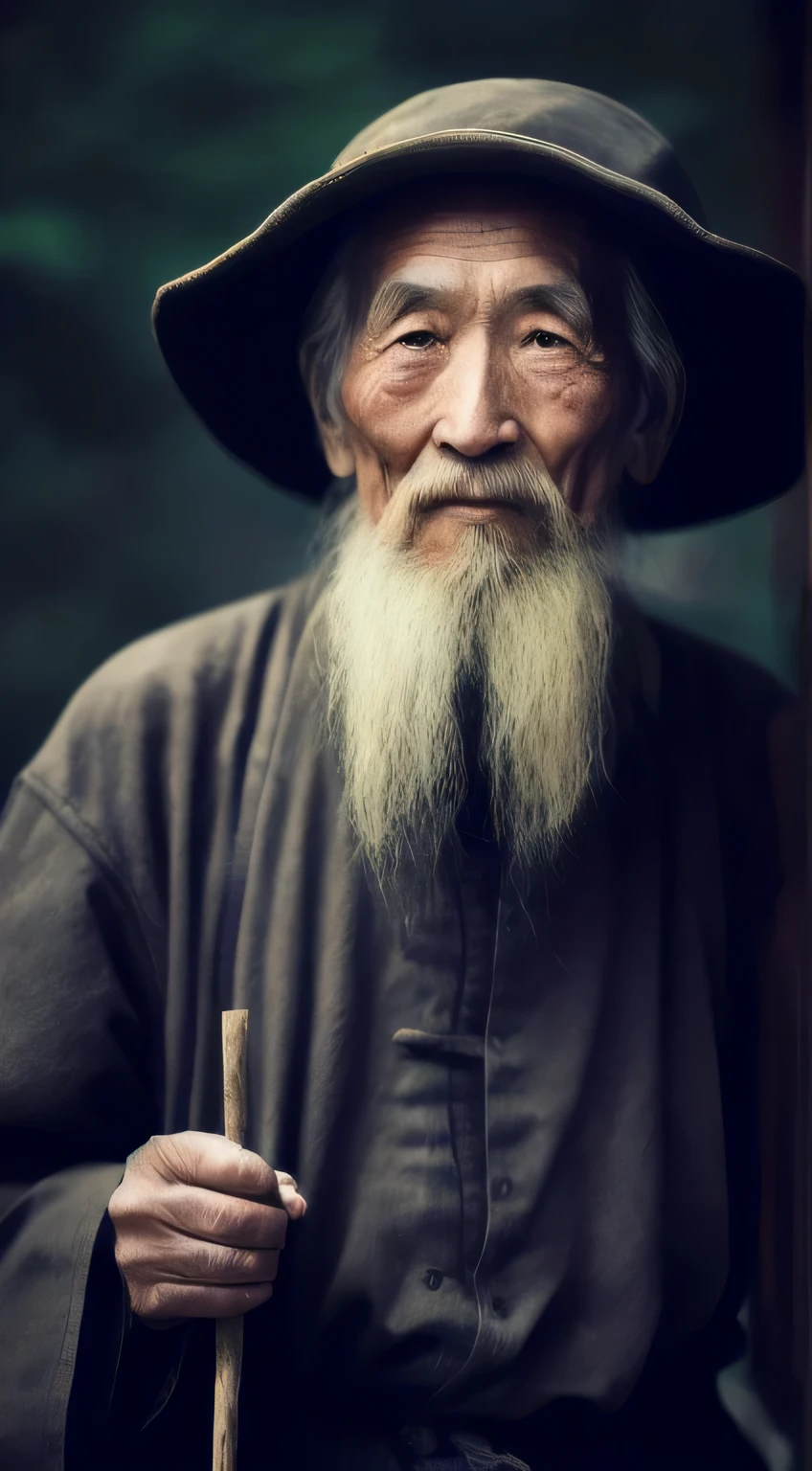 chinese,with a long beard，An Arafeld man wearing a hat with a stick, An old man, old man portrait, sharp looking portrait, peaceful expression, Wise old man, stunning portrait, Beautiful portrait, portrait photo of an old man, Old man, a old man, Serene expression, portrait of monk, of an old man, Portrait of an old man, Perfectly centered portrait,high definition