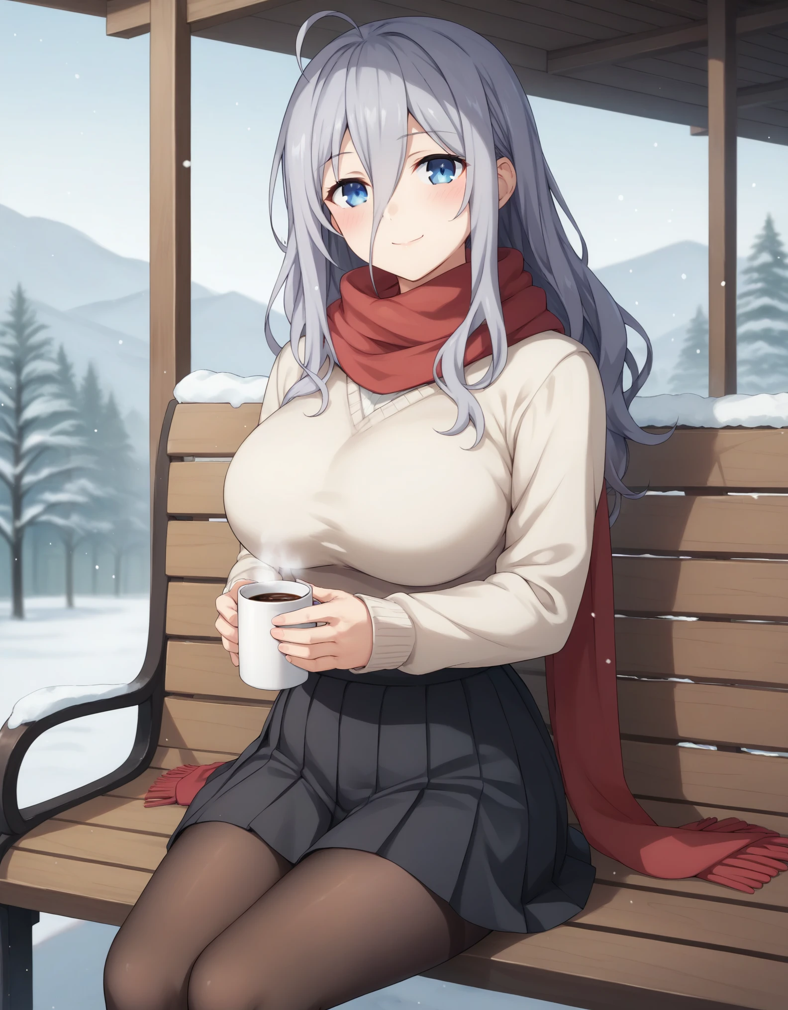 a beautiful girl holding a mug of coffee sitting on a bench outside, red scarf, 1girl, solo, pantyhose, white sweater, skirt, smile, scarf, sweater, holding, ahoge, looking at viewer, cup, outdoors, sitting, blush, long hair, snow, long sleeves, black skirt, brown pantyhose, black pantyhose, bangs, pleated skirt, closed mouth, big breasts, holding cup, sidelocks,reina murasame, long hair, blue eyes, grey hair, hair between eyes,