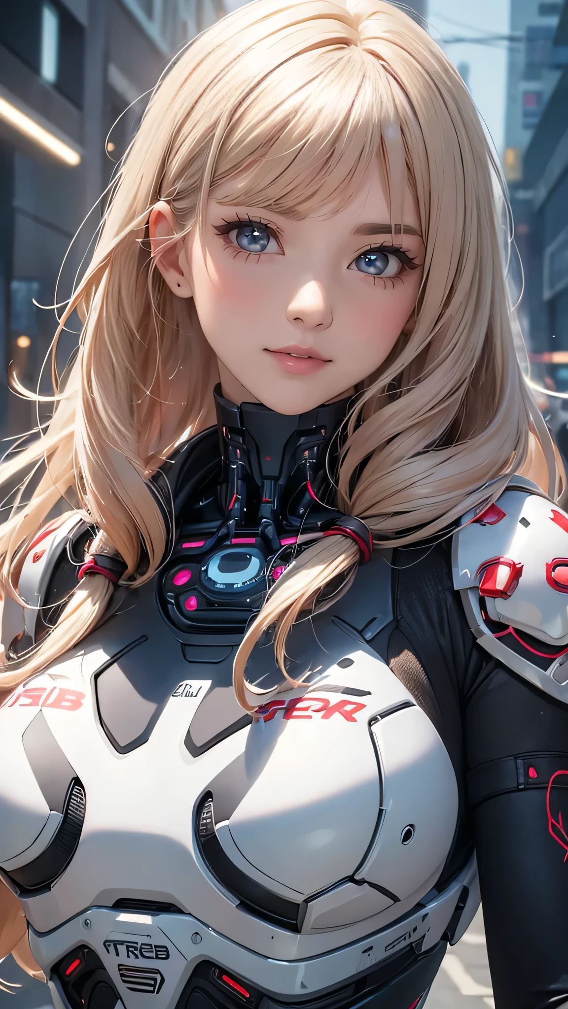 ((1girl:1.5),(embroidered cybernetic body:1.5),large breast,(mechanical breast armor:1.5)),(Highest image quality, outstanding details, ultra-high resolution, (realism: 1.4), the best illustration, favor details, highly condensed 1girl,(Sense of presence:1.5),(Dynamic:1.5),(bold:1.5)),(thin hair:1.8),(straight hair:1.5),(Swept long bangs:1.5),(extra light coppery amber hair),((hair over one eye:1.2)),riding on a motorcycle,the background is a high-tech lighting scene of the future city