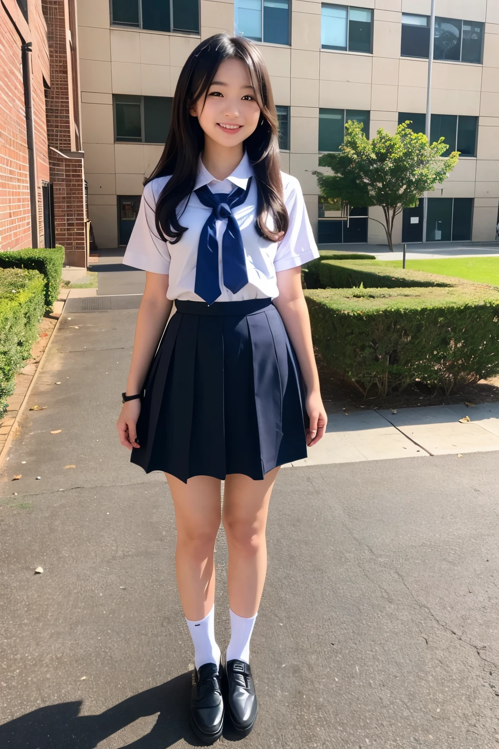 A high school girl standing in an empty schoolyard、Cute face like an idol、Long black hair、Uniform summer uniform、miling、Full body portrait