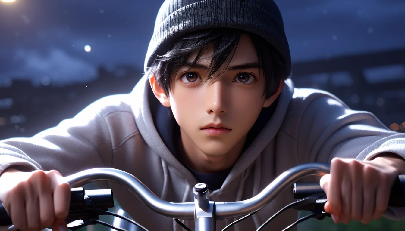 (8k, RAW photos, best quality, masterpiece: 1.4), (((Boy on bike))),Ultra-high resolution, Extremely detailed, light, Upper body close-up, handsome boy, black eyes, (delicate eyes, Eyes are bright:1.2), Black short hair, Fair skin,dark, Grey sweatshirt, Sweatshirt with hat,(perfect anatomy:1.2), High-quality shadows, Natural Lighting, (White highlights:1.2), night, cloudy day, (River bridge:1.2)