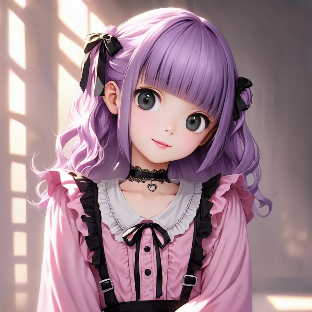  (Cute a girl:1.5), (a girl with pale purple hair, blunt bangs hair, green and black eyes, closs hair pin,
pink shirt,cosplay, jirai kei, bangs, black skirt, black bow, looking at viewer, long sleeves, choker, ribbon:1.4), anime visual, (tilt head:1.3), realistic lighting and shading, (an extremely delicate and beautiful art:1.3),flat chest, smiling,