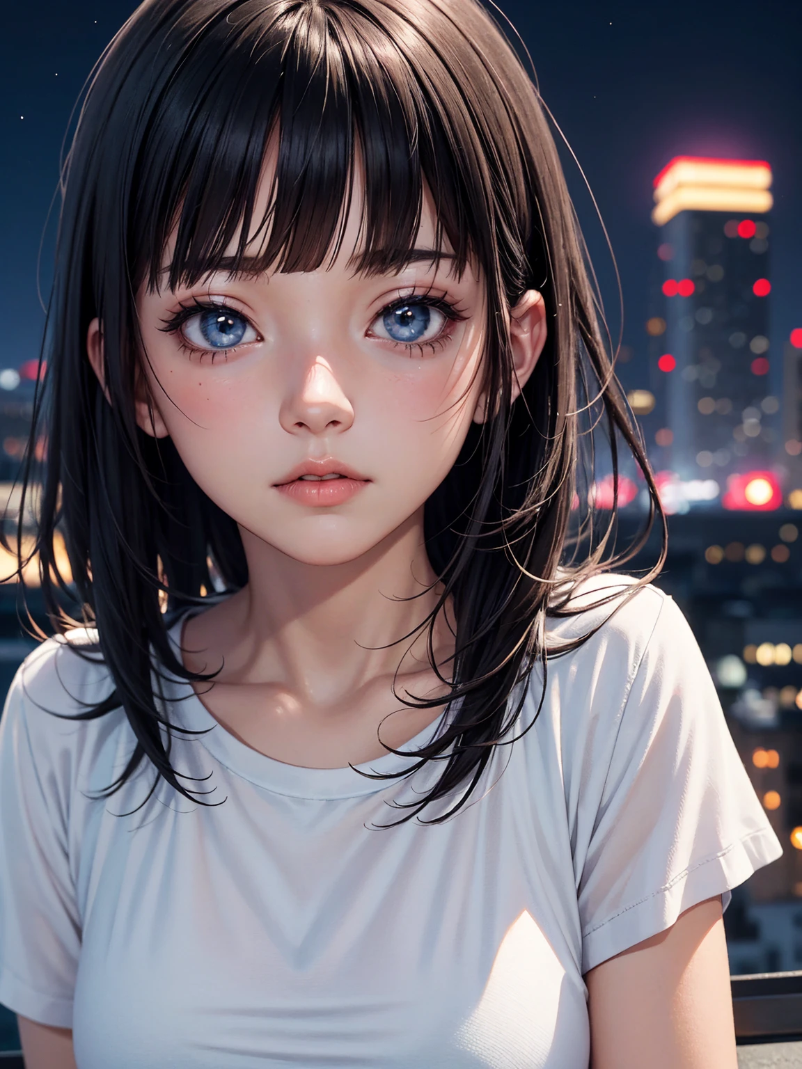 Anime style portrait, young woman with short black hair and bangs, big expressive eyes, slightly blushing, looking at the view, slightly tilted head, wearing white t-shirt, on the roof of a building with night view background, colorful pastel aesthetic, detailed illustration, sharp focus, digital art