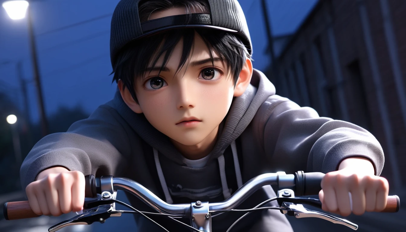 (8k, RAW photos, best quality, masterpiece: 1.4), (((Boy on bike)))，Ultra-high resolution, Extremely detailed, light, Upper body close-up, handsome boy, black eyes, (delicate eyes, Eyes are bright:1.2), Black short hair, Fair skin,dark, Grey sweatshirt, Sweatshirt with hat,(perfect anatomy:1.2), High-quality shadows, Natural Lighting, (White highlights:1.2), night, cloudy day, (River bridge:1.2)