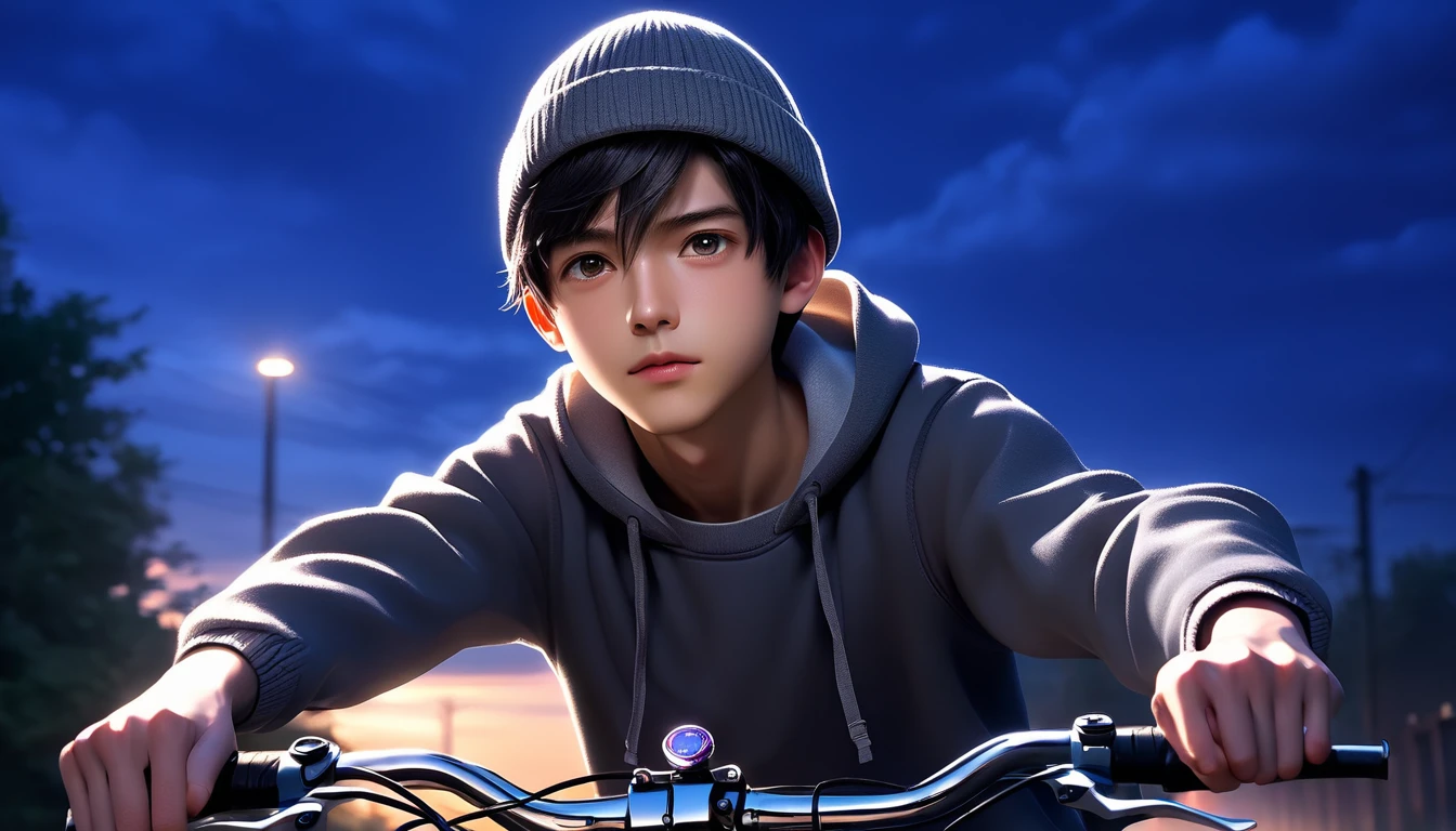 (8k, RAW photos, best quality, masterpiece: 1.4), (((Boy on bike))),Ultra-high resolution, Extremely detailed, light, Upper body close-up, handsome boy, black eyes, (delicate eyes, Eyes are bright:1.2), Black short hair, Fair skin,dark, Grey sweatshirt, Sweatshirt with hat,(perfect anatomy:1.2), High-quality shadows, Natural Lighting, (White highlights:1.2), night, cloudy day, (River bridge:1.2)