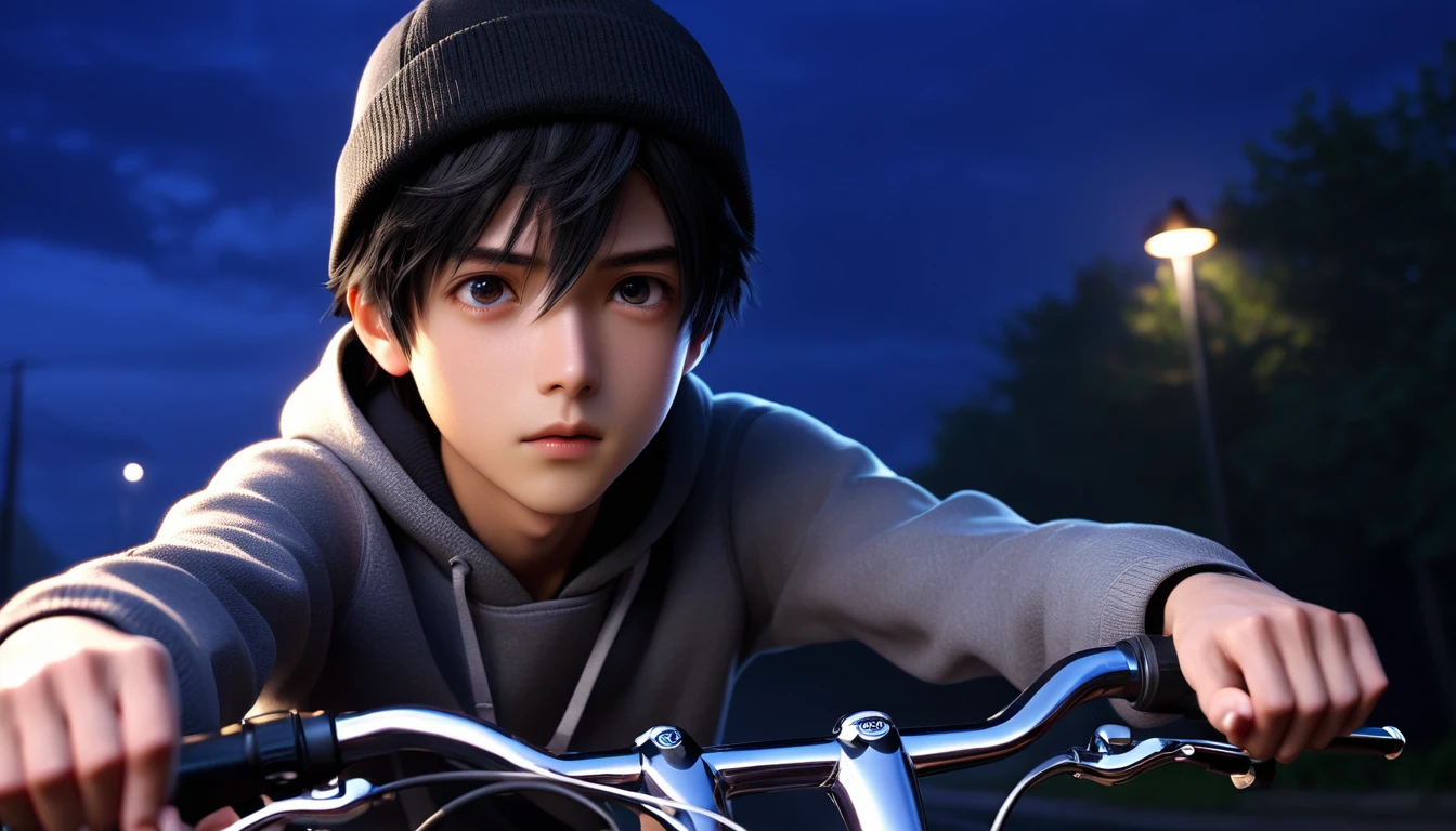 (8k, RAW photos, best quality, masterpiece: 1.4), (((Boy on bike))),Ultra-high resolution, Extremely detailed, light, Upper body close-up, handsome boy, black eyes, (delicate eyes, Eyes are bright:1.2), Black short hair, Fair skin,dark, Grey sweatshirt, Sweatshirt with hat,(perfect anatomy:1.2), High-quality shadows, Natural Lighting, (White highlights:1.2), night, cloudy day, (River bridge:1.2)