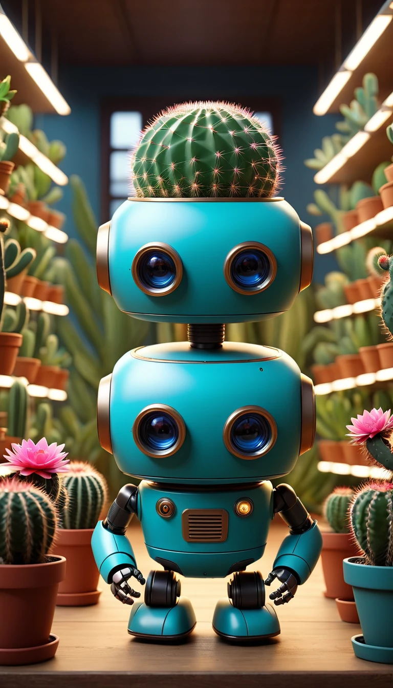a robot looks mean, he has blue eyes, inside his head there is a pretty little flowering cactus under a bell, he takes care of several hemp plants, carefully, behind him there are shelves with other plants(Meilleure qualité,4k,8k,haute résolution,chef-d'œuvre:1.2),ultra-détaillé,(Réaliste,photoRéaliste,photo-Réaliste:1.37),jardin du monastère médiéval,moine robot steampunk,belle architecture ornée,machines et engrenages steampunk,vitraux exquis,jardin fleuri enchanté,passerelle en pierre ancienne avec des sculptures complexes,bougies allumées et atmosphère faiblement éclairée,vapeur et fumée s'échappant des machines,ambiance mystique,cadre paisible et serein,ailes mécaniques attachées au dos du moine robot,moine robot avec des mécanismes d'horlogerie complexes,yeux électromécaniques brillants d'énergie,palette de couleurs dorées et chaudes,la douce lumière du soleil traverse les vitraux,murmure du vent et bruissement des feuilles,le parfum des vieux livres et de l'encens,des notes d'anciens chants grégoriens résonnent dans l'air,sentiment de respect et de tranquillité,combinaison d'éléments futuristes et médiévaux,harmonie de la technologie et de la spiritualité.
