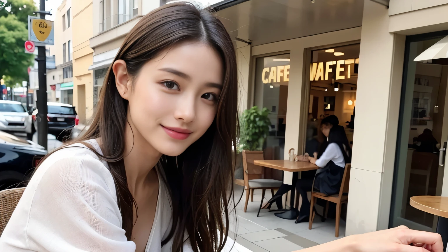 super high quality, Fashion Model, smile, Slenderのネックレス, Slender, The staff is working at the counter in the back., (8k、RAW Photos、Highest quality、masterpiece:1.2), Fashion magazine photoshoot, (Realistic、Photorealistic:1.37), Beautiful Face , Golden Ratio, Raw photo, Light Brown Hair, Small breasts, Blurred Background, Famous actress, Summer clothes, Beauty, Cafe Terrace, Open Cafe, Photographed inside the cafe, Hair blowing in the wind, Neat clothes, 18-year-old, Cool older sister,