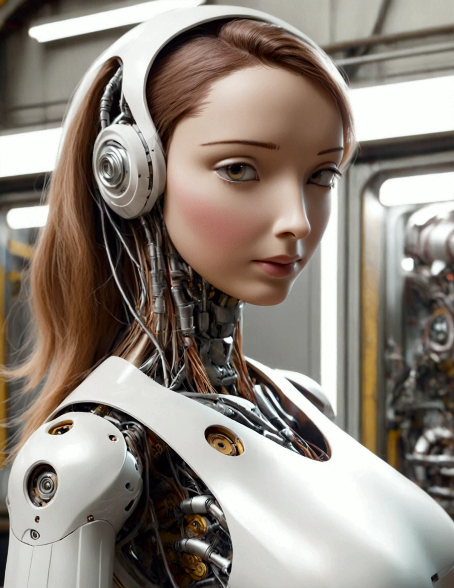 A lovely female robot, obviously mechanical, lifelike face, a few panels are open for maintenance, standing in a machine shop on a space ship