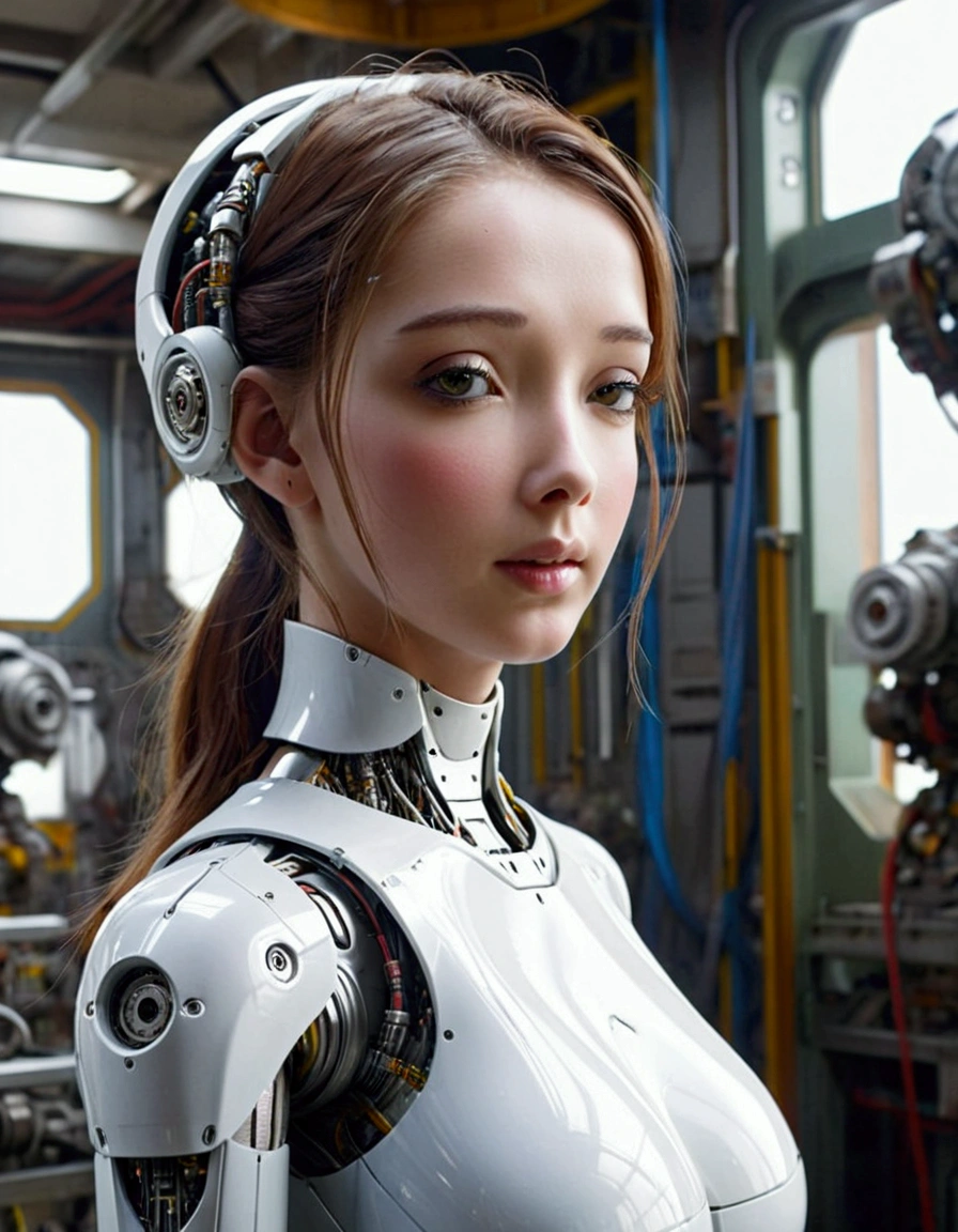 A lovely female robot, obviously mechanical, lifelike face, a few panels are open for maintenance, standing in a machine shop on a space ship
