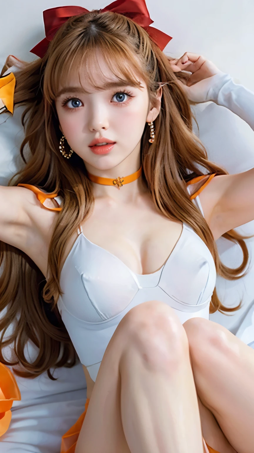 masterpiece、high quality、High resolution、Realistic、professional lighting、Japanese、woman、cute、young、White skin、slender、Sailor Venuinako Aino、Long golden hair, Red ribbon, blue eyes, Sailor Warrior Uniforms, Orange choker, Orange sailor collar, Blue ribbon on chest, White leotard, Orange Skirt, barefoot, White elbow gloves, tiara, Red Bow, jewelry, Lying on your back on the bed、whole body、Anatomically correct