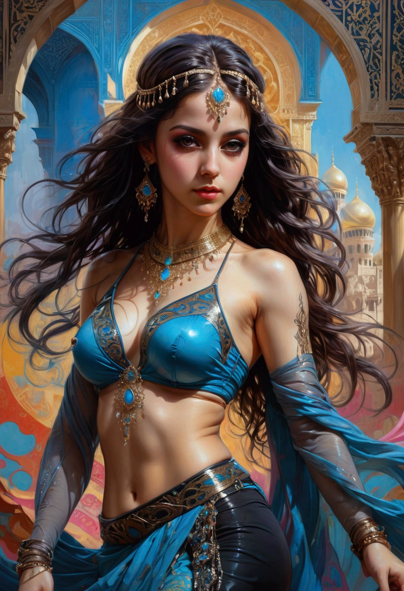 1girl, Dancer, Ultra-detailed Young belly dancer in Arab palace accurate anatomy by Daniel F. Gerhartz, H.R. Giger, Gustave Doré, Tom Bagshaw, Junji Ito, graffiti art, splash art, street art, spray paint, oil gouache melting, acrylic, high contrast, colorful polychromatic, ultra detailed, ultra quality, CGSociety, masterpiece, best quality, very aesthetic, absurdres