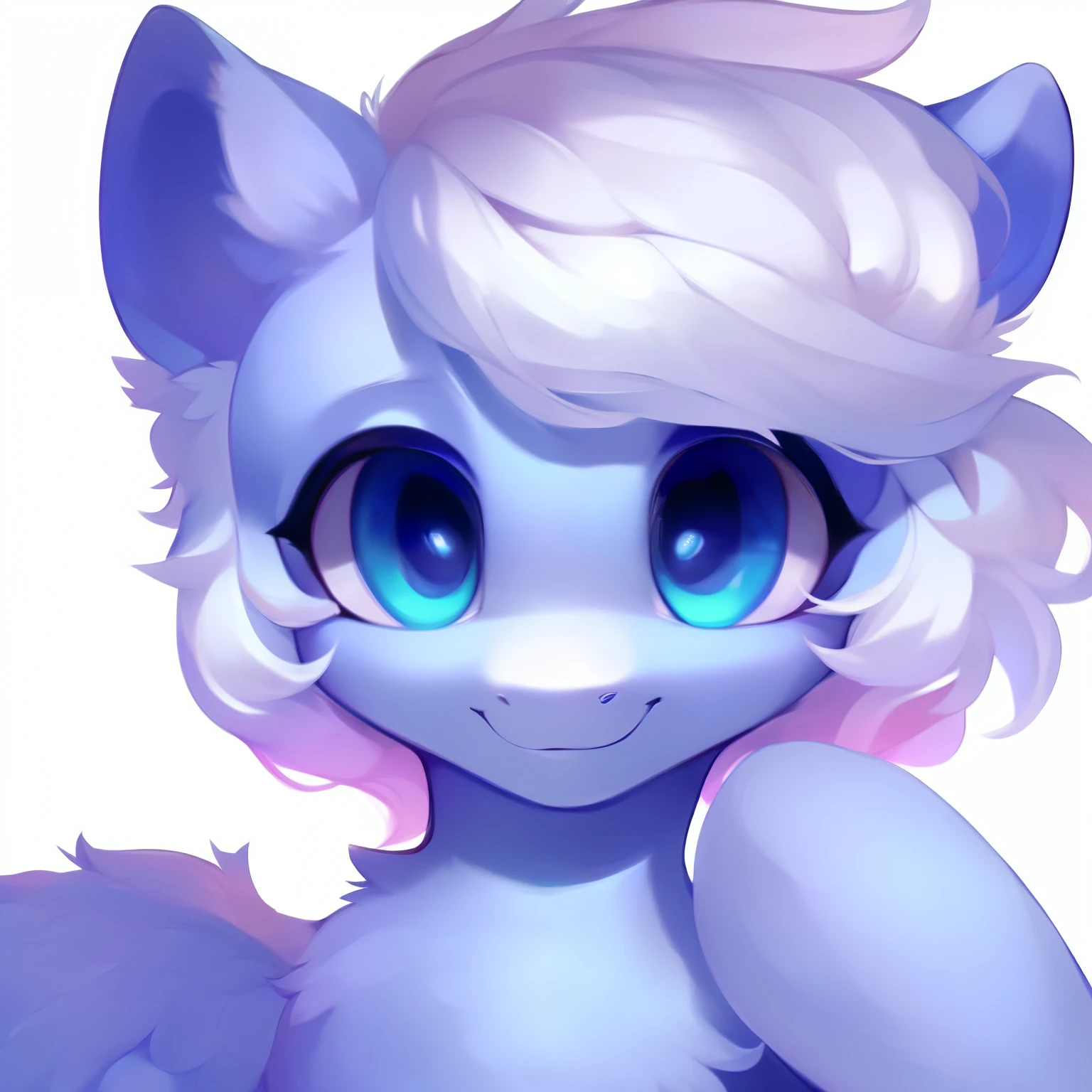 rating_safe, score_9, fluffy, feral pegasus pony, male,round cute face,Transparent blue body, White mane,Soft and delicate short hair,温柔的Blue Eyes,Blue Eyes,Smile。whole body,grace。young,Delicate。whole body立绘,Pure white background