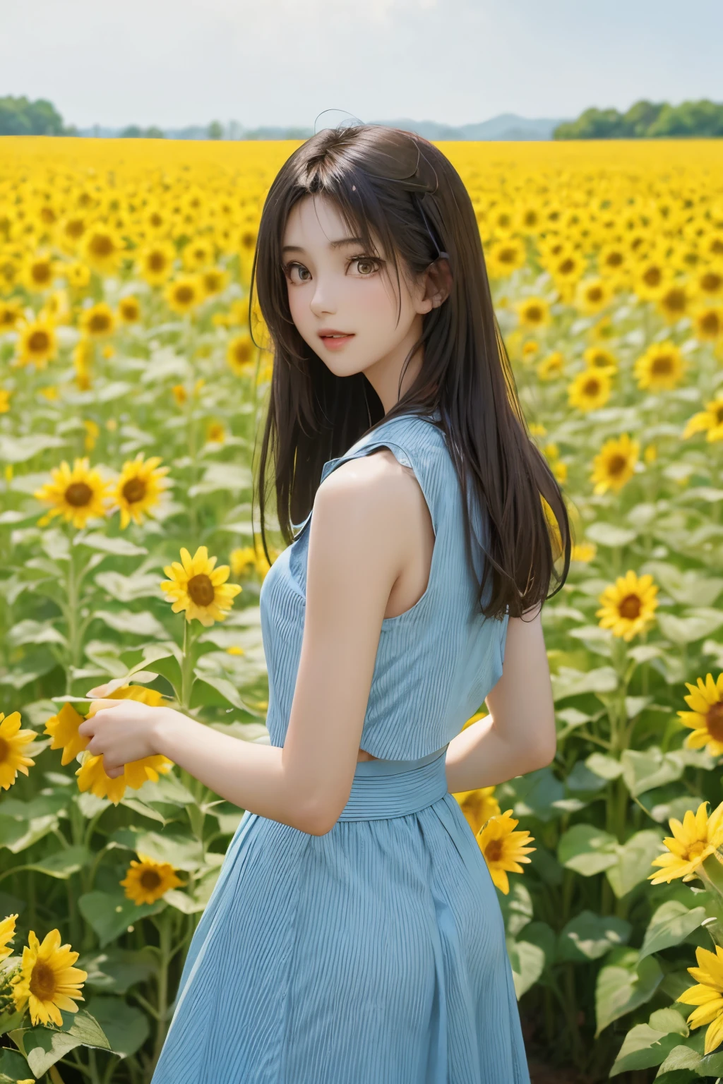 Japanese　not　１８age　１９８０period fashion　slim　standing in a sunflower field　pretty face　double eyelid　Long hair with a slight sauvage　rear view　turned　loud excitement　looking at the camera　light blue long skirt