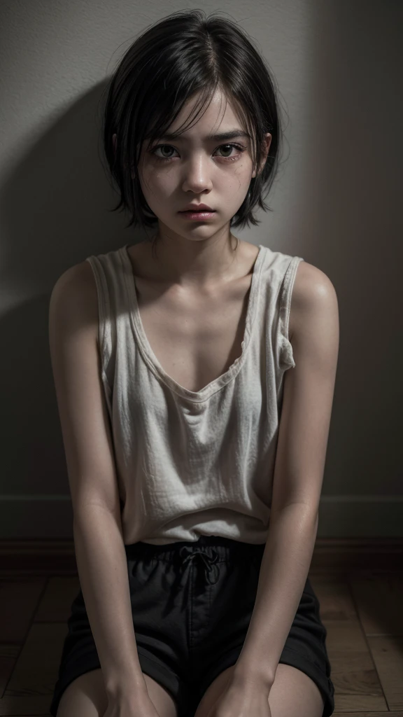 a girl trapped in a small, prison room, short black hair, shorts, scared, crying, hands tied with rope, hungry, dark space, dim lighting, sitting on the floor, (best quality,4k,8k,highres,masterpiece:1.2),ultra-detailed,(realistic,photorealistic,photo-realistic:1.37),extremely detailed eyes and face,longeyelashes,dramatic lighting,moody atmosphere,high contrast,muted colors,tiny body, small black eyes, scrazy, 20 year old