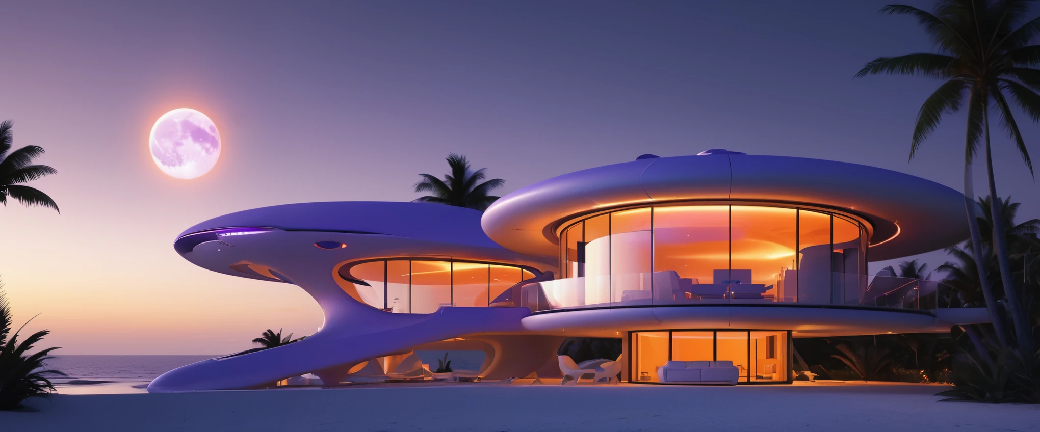 a futuristic house with a satelite dish and antenna array on the rooftop, at sunset, on the beach, palm trees, full moon, cgsocietywlop, beautiful curves, intricate devilish designs, qualia, interesting shapes & form, wow factor, elaborate polished, architectural rendering, miami, bioluminescent, colorfull, glow fluid, orange and purple soft lighting in interior of house, futuristic battlefield, inspired by James E. Brewton, precise architectural rendering