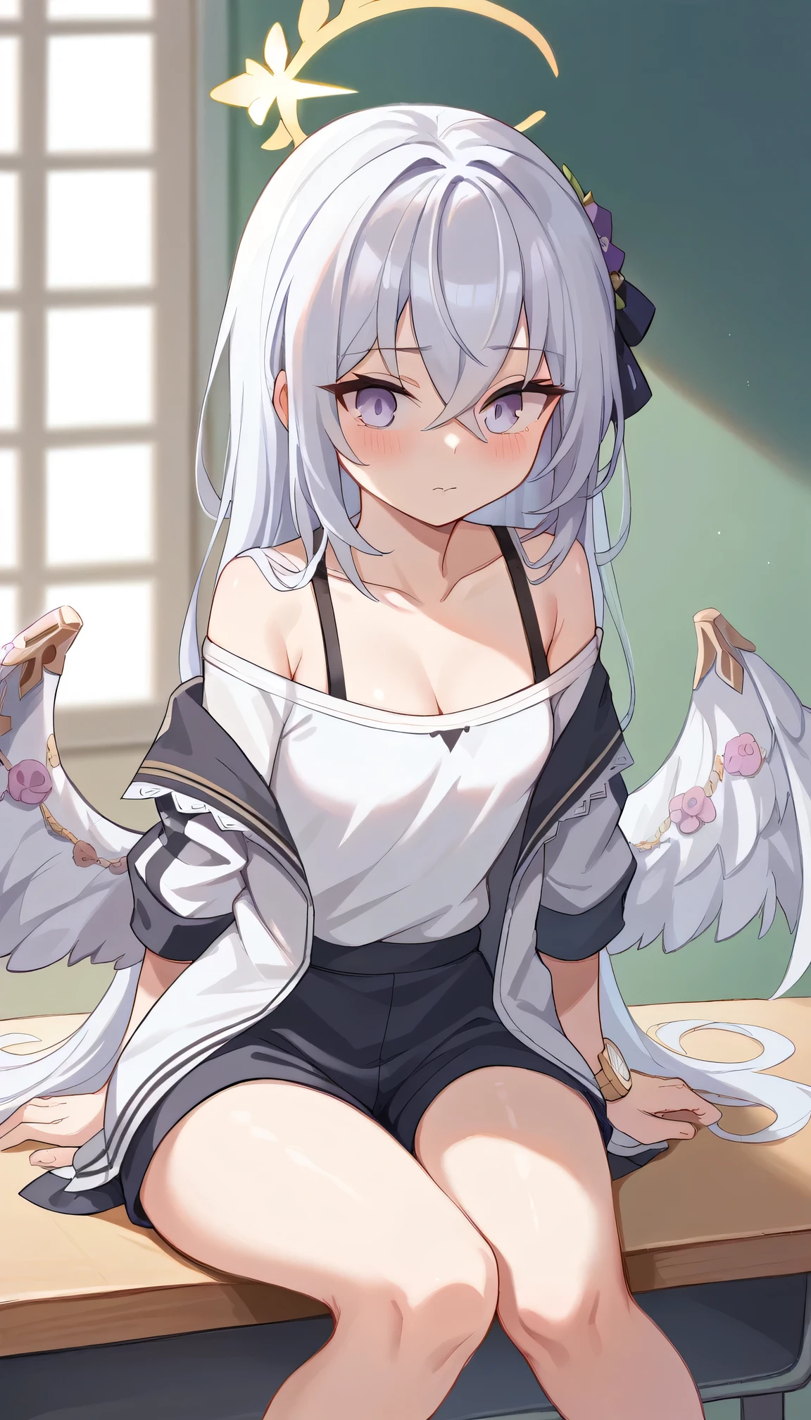 Azusa_sucks_my_cock, cumming, Azusa_blue_archive,two_wings,absurdres,Yellow_halo,white_hair,blush,cleavage,halo,small_breasts,nose_blush,off_shoulder,thighs,white_shirt,best quality,purple eyes, brutal_blowjob