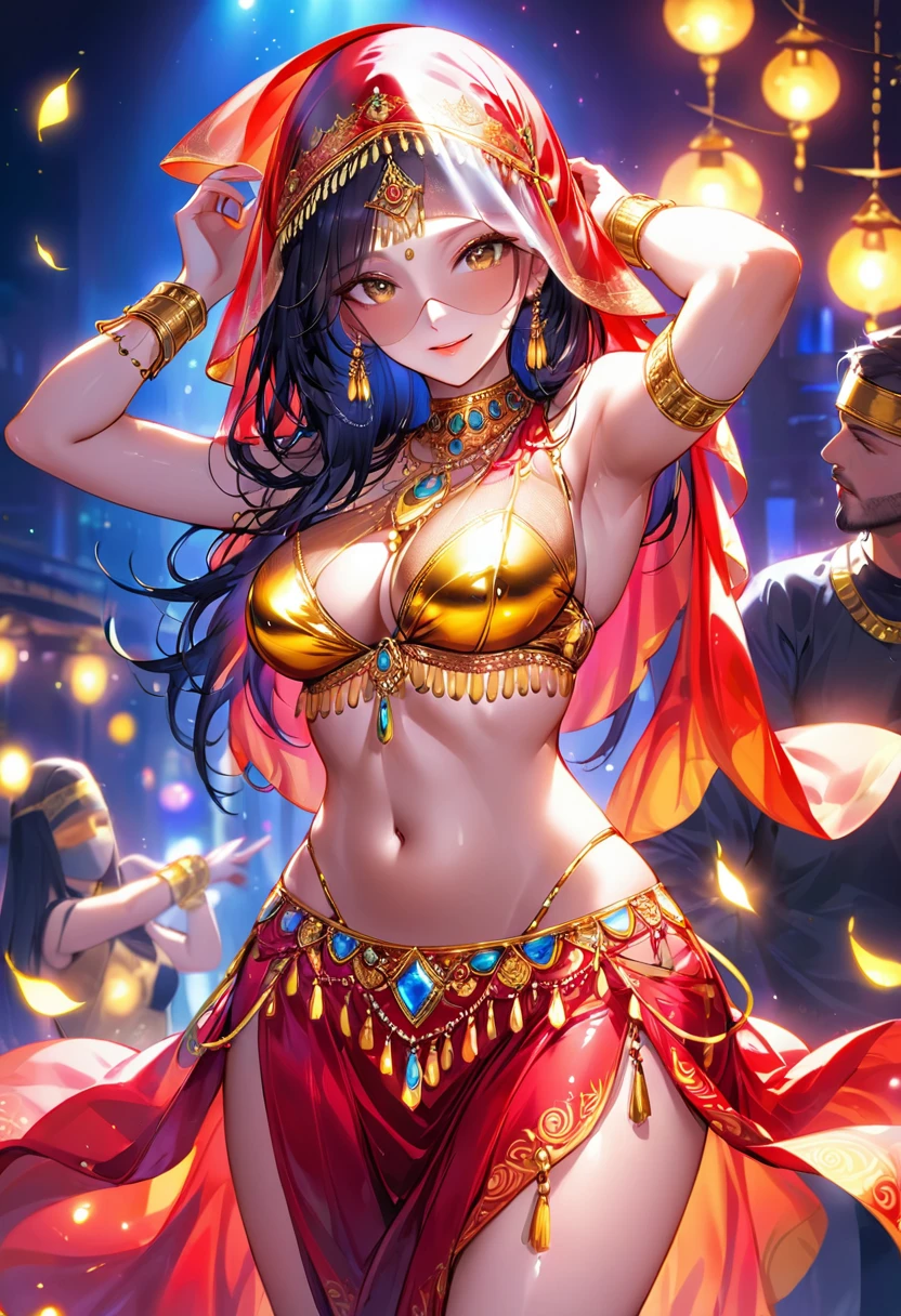 Mature beautiful woman,(Highest quality,Extremely detailed depiction,Incredibly absurd high resolution,Anatomically accurate depiction,Curvy Legs),(Glowing Skin,Shiny skin,Oilskin),Sexy belly dancer,Gorgeous belly dance costumes,((A face veil that covers the lower half of the face:1.5)),Golden Accessories,A seductive smile,There is cleavage in the chest,Glossy lipstick,Sweat,Dancing belly dancing,background:Night Bar