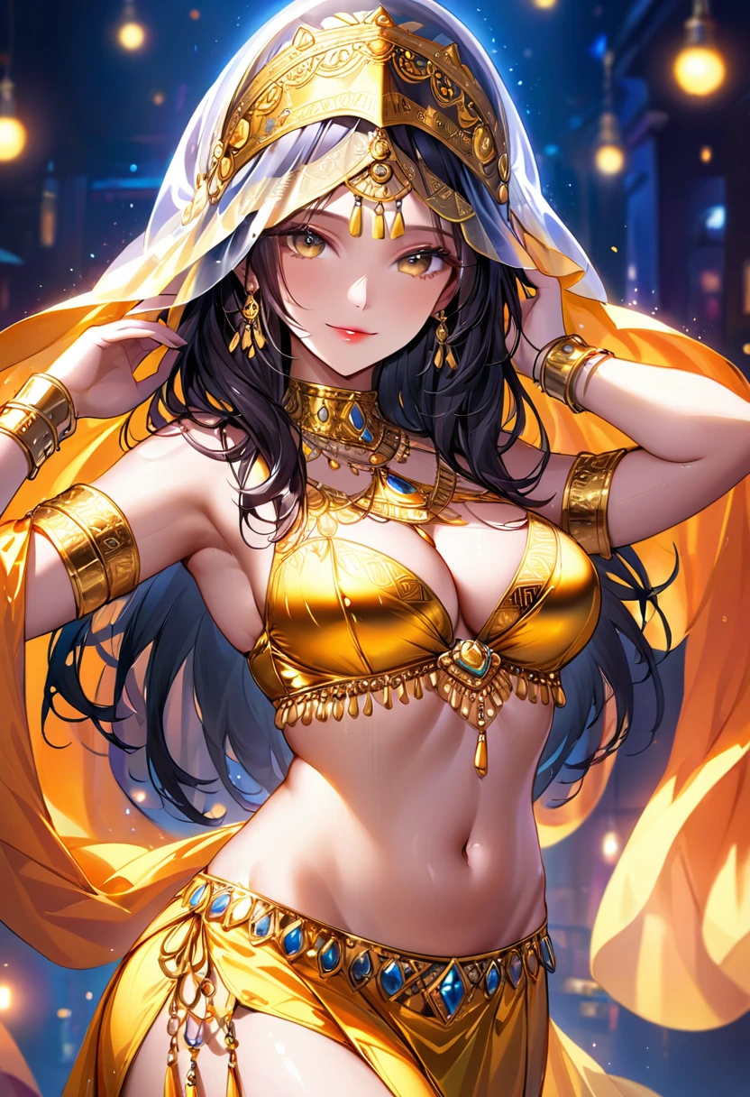 Mature beautiful woman,(Highest quality,Extremely detailed depiction,Incredibly absurd high resolution,Anatomically accurate depiction,Curvy Legs),(Glowing Skin,Shiny skin,Oilskin),Sexy belly dancer,Gorgeous belly dance costumes,((A face veil that covers the lower half of the face:1.3)),Golden Accessories,A seductive smile,There is cleavage in the chest,Glossy lipstick,Sweat,Dancing belly dancing,background:Night Bar