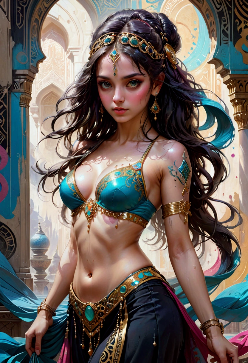 1girl, Dancer, Ultra-detailed Young belly dancer in Arab palace accurate anatomy by Daniel F. Gerhartz, H.R. Giger, Gustave Doré, Tom Bagshaw, Junji Ito, graffiti art, splash art, street art, spray paint, oil gouache melting, acrylic, high contrast, colorful polychromatic, ultra detailed, ultra quality, CGSociety, masterpiece, best quality, very aesthetic, absurdres