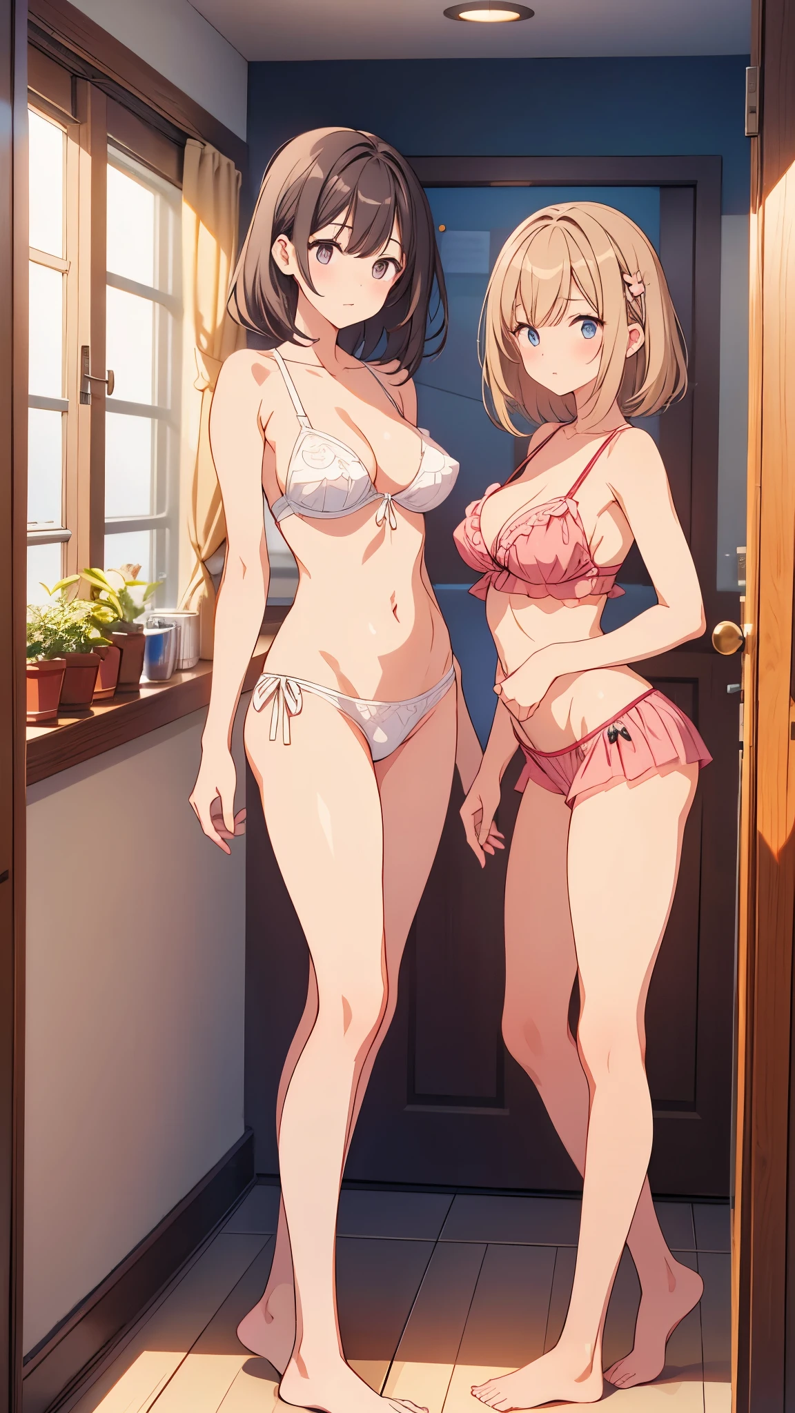 Two women in underwear standing next to each other, full shot photo of the world'The most beautiful artwork depicting Japanese maids, White lace bra, (((Show me your white lace lingerie))). ((panties)), garter belt, stockings, cute, shy, anger, stare, Long blonde hair, blue eyes
