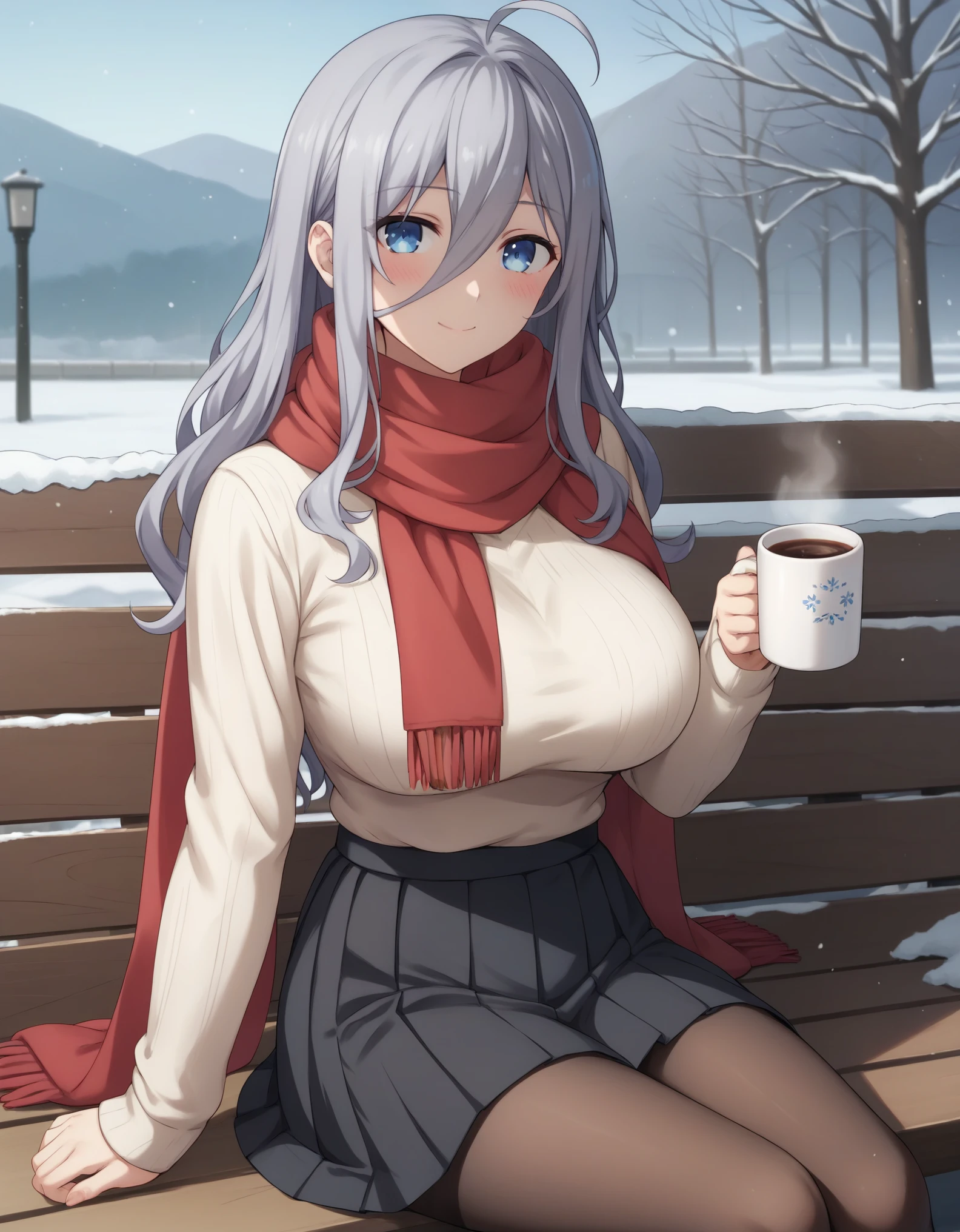 a beautiful girl holding a mug of coffee sitting on a bench outside, red scarf, 1girl, solo, pantyhose, white sweater, skirt, smile, scarf, sweater, holding, ahoge, looking at viewer, cup, outdoors, sitting, blush, long hair, snow, long sleeves, black skirt, brown pantyhose, black pantyhose, bangs, pleated skirt, closed mouth, big breasts, holding cup, sidelocks,reina murasame, long hair, blue eyes, grey hair, hair between eyes,