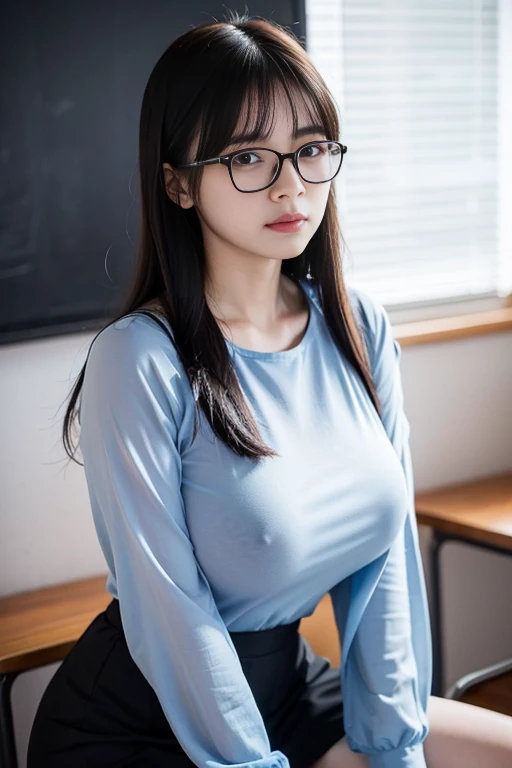 ((Melancholic expression))、((Sad face))、((Angry face))、((Crying face))、(Long black hair)、(Parting the bangs)、((Wearing glasses))、())、(Huge boobs),(8Kんin,Highest quality),whole body shot shot,watching from a distance,Long-distance shots,school classroom,student,class,Play games,See-through shirt and school skirt,blue Wet shirt, Wet shirt, Adorable, smile, Narrow side, Short fine hair, 32Kin, T masterpiece, Best image quality,Ultra-high resolution,Perfect hands,look up_in_Looking into the audience,wet skin, (((whole body))), whole body, Legs wide open, Leg spread, Looking at the camera, Eye on the details, Beautiful Eyes