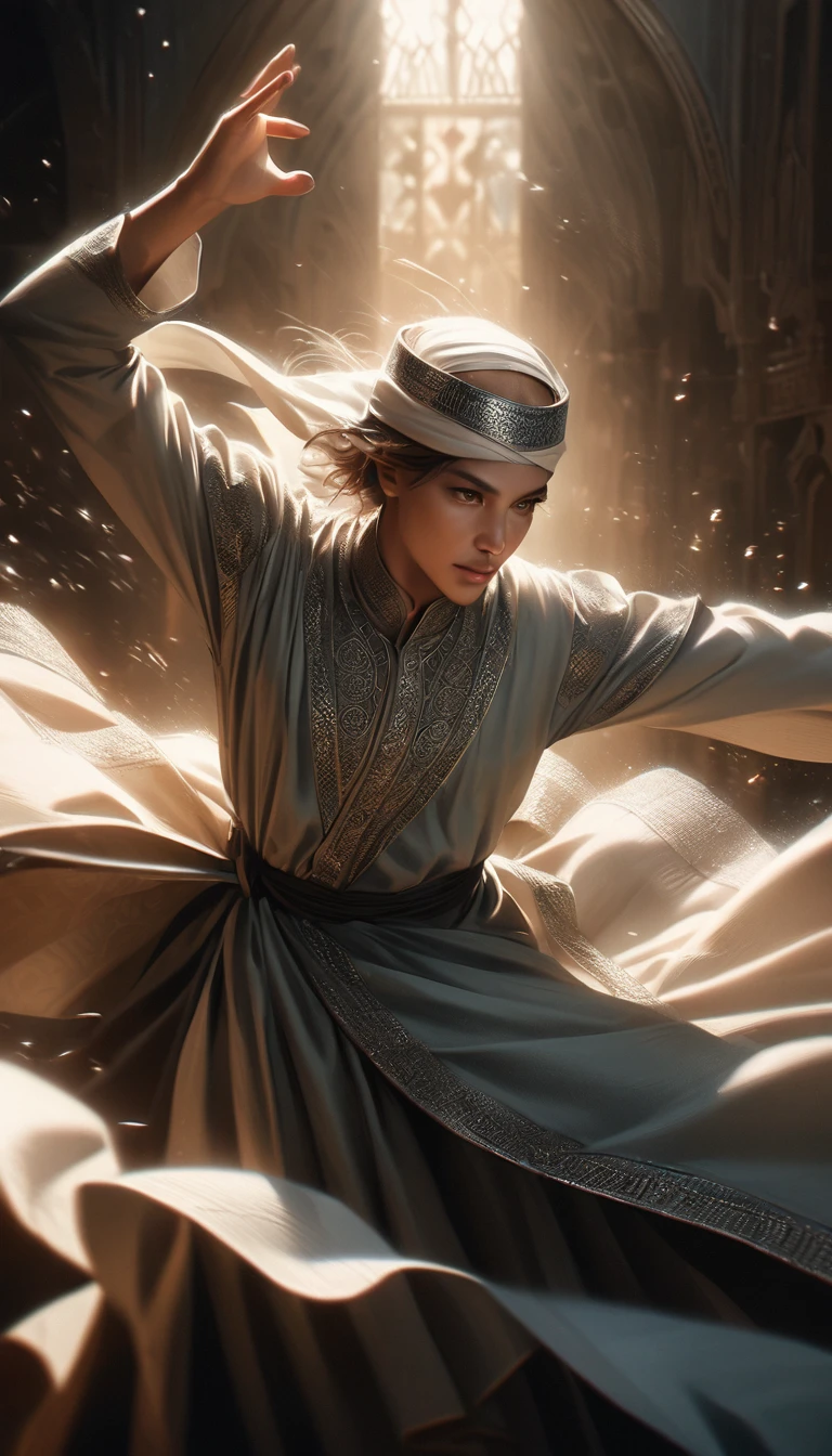 Highest quality, Realistic, photoRealistic, Award-winning photography, (Intricate details: 1.2), (Subtle details), (Intricate details), (Cinematic Light, Islamic Sufi, youth, male, Whirling Dance),