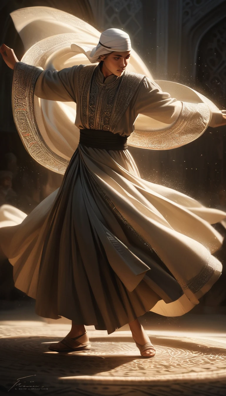 Highest quality, Realistic, photoRealistic, Award-winning photography, (Intricate details: 1.2), (Subtle details), (Intricate details), (Cinematic Light, Islamic Sufi, youth, male, Whirling Dance),
