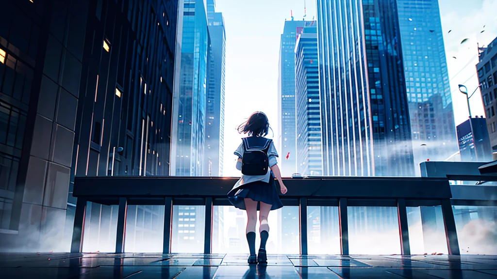 8K , best quality:2 , masterpiece:2 , BREAK , official art , BREAK , Backlighting ,
, stronglight:1.5 , BREAK , countless Skyscraper:1.2 , sky, city , BREAK , back view ,a girl , school , looking up:1.5