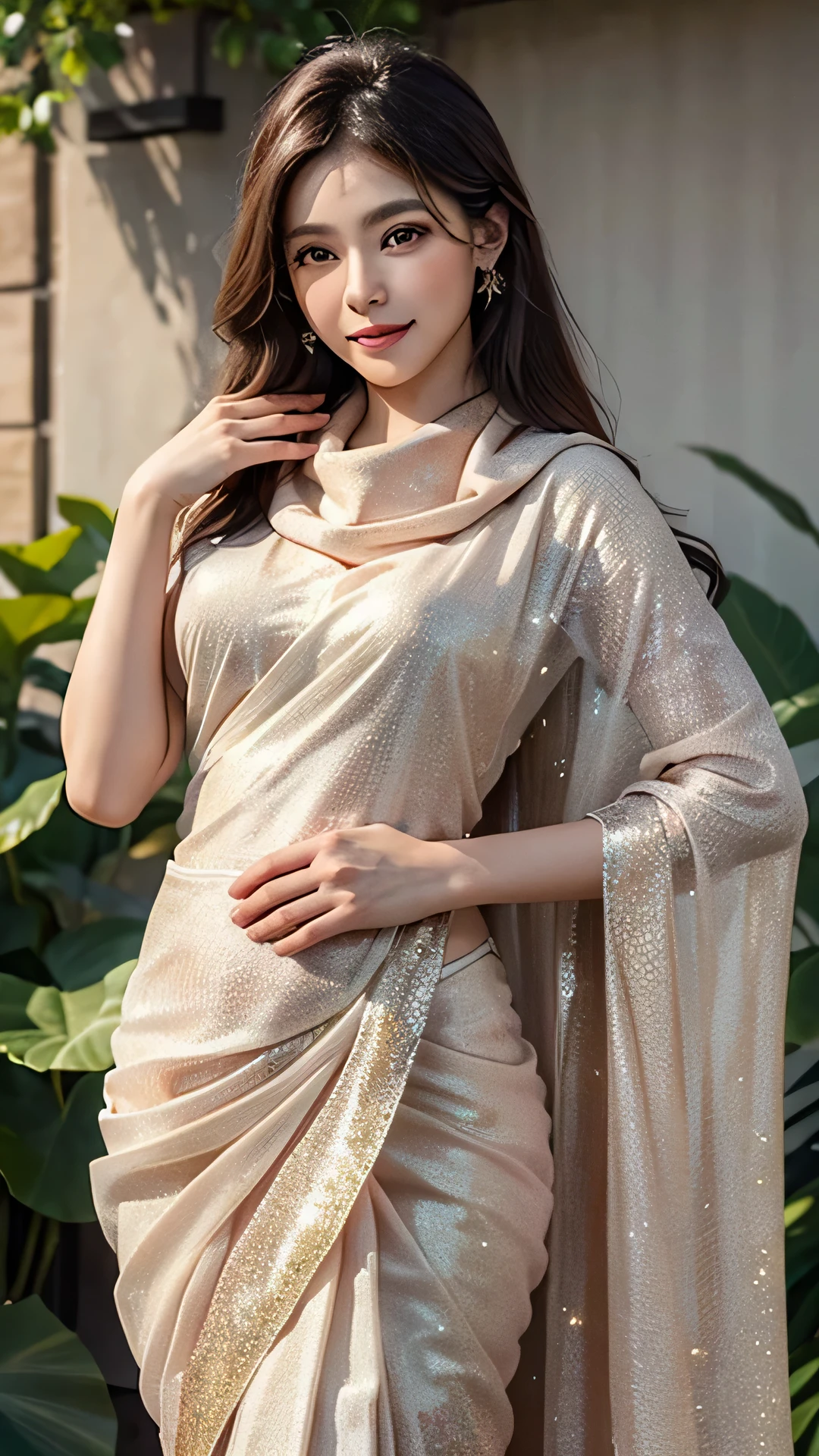 (Masterpiece:1.4), CG Unity 8k walpaper, ((Realistic: 1.2)), Ray Tracing, k,a girl 20 years, ((Luxury wearing an elegant saree: 1.2)), curly long hair,deep black eyes,shiny red lips,brown skin,lotus flower in her hair, palms decorated with henna,in a blooming garden,bright colorful flowers,green grass,blue sky,sunshine falling on her,peaceful and serene expression,subtle smile on her face,fingers delicately touching flower petals,body language full of grace and elegance, scenic beauty,painting as medium,detailed and vivid,high-resolution image,photorealistic rendering,vibrant colors,soft lighting, ((luxury Lovely Glitter Peach colour Cowl Homecoming Dress: 1.2)), [(4 different Poses),(pose 1: Grab hair with both hands, tighten tummy to lift hips,stand side ways),(pose 2: strech your arm,hand on hip, tighten tummy and lift hip),(pose 3: tilt head to smile,put arm behind back,place arm side by leg),(pose 4: le your head to smile,put your hands naturally by your side,stand side ways)], (Detailed poses), (Detailed Dress), (detailed background) , Beautiful human real fingers, beautiful human real hands, Real human natural skin, 
